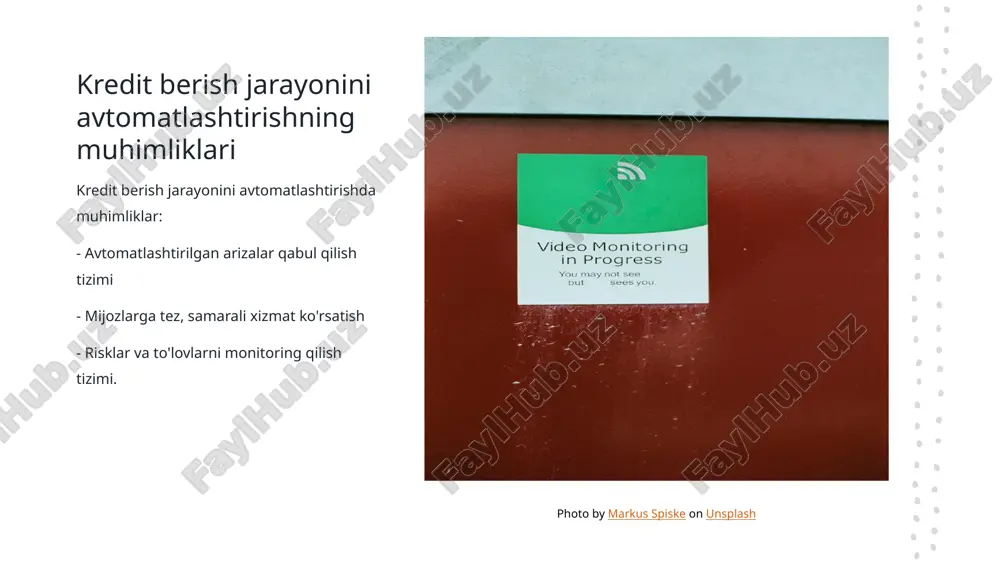 zlar uchun qulaylik yaratadi va kreditlarni olish jarayonini tezlashtiradi. 3 kredit muddatlarini va to'lov shakllarini individual ravishda tanlash - mijozlarga kredit muddatlarini va to'lov shakllarini individual ravishda tanlash imkoniyati, ularning moliyaviy holatiga mos ravishda yordam beradi. 4 kredit mahsulotlari va xizmatlari to'g'risida mijozlarga xabar berish - kredit mahsulotlari va xizmatlari to'g'risida mijozlarga xabar berish, ularning kreditlarni olish jarayonida qulaylik va sodda foydalanishini ta'minlaydi. xulosa 1 kreditlar optimallashtirish kreditlar berish jarayonini avtomatlashtirish va ma'lumotlar analitikasi yordamida kreditlarni taqsimlash uchun yangi strategiyalar keng qo'llanilmoqda. 2 texnologik yondashmalar banklar texnologik rivojlanishlarni qo'llab-quvvatlash uchun yangi kredit berish usullari va innovatsion yondashmalardan foydalanishga e'tibor qaratishadi. 3 mijozlarga yordam kredit tashkilotlari mijozlarga qo'llaniladigan yangi texnologiyalar va qulayliklarni kredit berish jarayonini optimallashtirish uchun keng qo'llashadi va mijozlarga ko'maklashishni oshiradi. e'tiboringiz uchun rahmat! image1.jpg image2.jpg image3.jpg /docprops/thumbnail.jpeg
