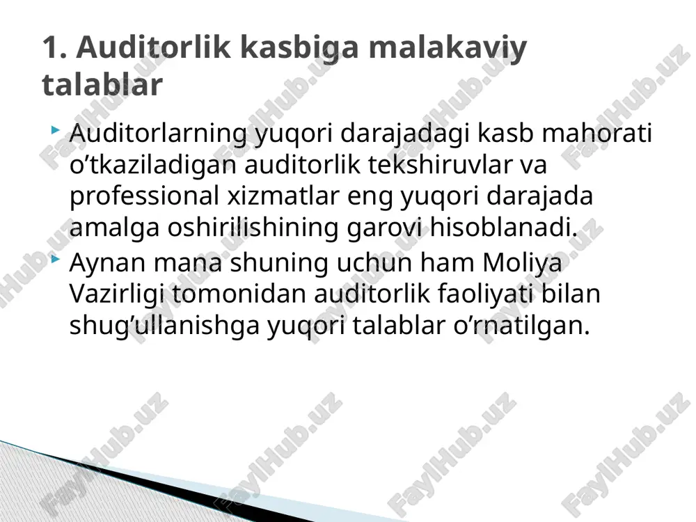 ni muvaffaqiyatli topshirgan hisoblanadi. malaka imtihonidan o‘ta olmagan talabgor, malaka imtihonini topshirgan sanadan kamida bir oy o‘tgandan so‘ng malaka imtihonini qayta topshirish uchun ariza taqdim qilishi mumkin. malaka sertifikati mutaxassisning fotosurati yopishtirilgan maxsus blankda mazkur nizomning 2-ilovasiga muvofiq shaklda rasmiylashtiriladi va o‘zbekiston respublikasi hududida yuridik kuchga ega bo‘ladi. malaka sertifikati dastlab besh yillik muddatga, talabgor malaka imtihonini muvaffaqiyatli topshirganda, shuningdek xalqaro buxgalter sertifikatiga ega bo‘lgan talabgorlarga malaka imtihonini topshirmasdan beriladi. auditorlik tashkiloti o'z faoliyatini amalga oshirishda mustaqildir. auditorlik tashkiloti vazirliklar, davlat qo'mitalari, idoralar hamda boshqa davlat va xo'jalik boshqaruvi organlari tomonidan tashkil etilishi mumkin emas. 2. auditorlik tashkiloti va auditorlarning mustaqilligi. auditorlik tashkiloti, basharti quyidagi majburiy shartlarga rioya etsa, qonunchilikda nazarda tutilgan istalgan tashkiliy-huquqiy shaklda, bundan aktsiyadorlik jamiyati mustasno, tashkil etilishi va o'z faoliyatini amalga oshirishi mumkin: auditorlik tashkiloti o'zi uchun asosiy ish joyi bo'lgan auditorlarning eng kam soni shtatdagi kamida to'rt nafar auditordan iborat bo'ladi; auditorlik tashkilotining ustav fondi …