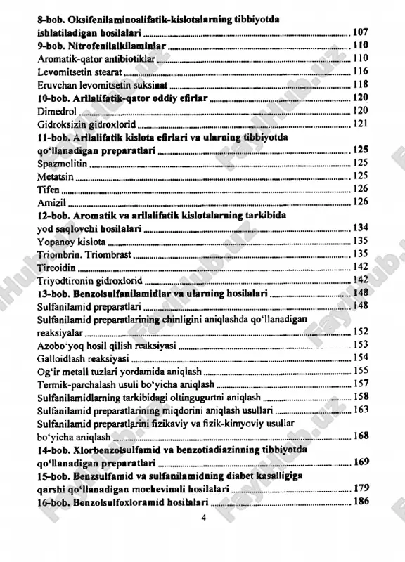 ....................... ............. 125 spazmolitin........................................................................................ 125 metatsin.............................................................................................125 tifen.................................................................................................126 amizil............................................................................................... 126 12-bob. aromatik va arilalifatik kislotalarning tarkibida yod saqlovchi hosilalari..................................................................... 134 yopanoy kislota..................................................................................135 triombrin. triombrast......................................................................... 135 tireoidin.............................................................................. -............142 triyodtironin gidroxlorid.................................................................... . 142 13-bob. benzolsulfanilamidlar va ularning hosilalari...........................148 sulfanilamid preparatlari.............. ...................................................... 148 sulfanilamid preparatlarining chinligini aniqlashda qo'llanadigan reaksiyalar..........................................................................................152 azobo'yoq hosil qilish reaksiyasi..........................................................153 galloidlash reaksiyasi.......................................................................... 154 og'ir metall tuzlari yordamida aniqlash................................................. 155 termik-parchalash usuli bo'yicha aniqlash............................................. 157 sulfanilamidlaming tarkibidagi oltingugurtni aniqlash............................. 158 sulfanilamid preparatlarining miqdorini aniqlash usuilari......................... 163 sulfanilamid preparatlarini fizikaviy va fizik-kimyoviy usullar bo'yi