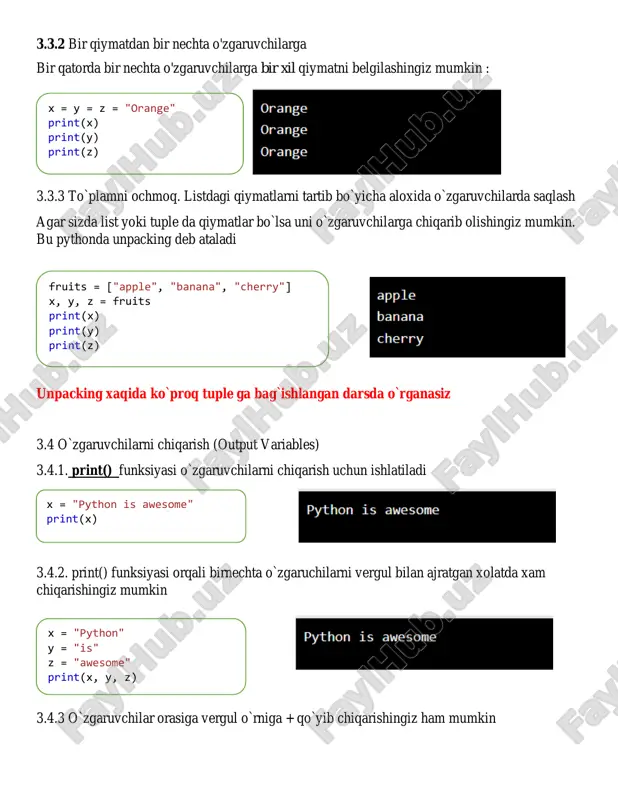 ratmoqchi bo`lsangiz bu o`zgaruvchi local o`zgaruvchi deyiladi va faqat funksiya ichida ishlatishingiz mumkin. funksiyadan tashqarida yaratilgan global o`zgaruvchi qiymati esa o`zgarmay qoladi !!! e`tabor bering funksiyadan tashqaridagi o`zgaruvchi x = “awesome” bo`lsa, funksiya ichidagi x = “fantastic” ga ten bo`lyapti va o`z qiymatlarini saqlab qolayapti. lekin funksiya ichidagi x ni xech qacho funksiadan tashqarida ishlata olmaymiz 4.5.3. global kalit so`zi odatda, funksiya ichida o‘zgaruvchi yaratganingizda, u o‘zgaruvchi mahalliy bo‘lib, faqat shu funksiya ichida ishlatilishi mumkin. funktsiya ichida global o'zgaruvchini yaratish uchun siz global kalit so'zdan foydalanishingiz mumkin. x = "awesome" def myfunc(): print("python is " + x) myfunc() x = "awesome" def myfunc(): x = "fantastic" print("python is " + x) myfunc() print("python is " + x) def myfunc(): global x x = "fantastic" myfunc() print("python is " + x) 4.5.4. funksiyadan tashqarida yaratilgan o`zgaruvchi qiymatini funksiya ichida o`zgartirish uchun ham global kalit so`zidan foydalanasiz. !!! 4.5.2 va 4.5.3 punktdagi …