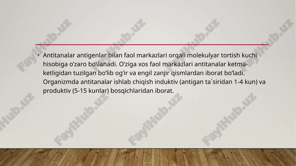 ni tanib, unga qarshi gumoral immun javobni ishga tushiradi (latent bosqich). natijada, qisqa vaqt ichida (bir necha kun) antitelolar eng yuqori miqdorga yetadi (5-15 kunlar orasi). ma'lum vaqt o‘tganidan so‘ng, qondagi immunoglobulinlar soni kamaya borib oyning oxiri kelib keskin kamayadi. birlamchi immun javobning boshida igm hosil bo‘lib, bir necha kundan so‘ng plazmatik hujayralar igg ishlab chiqara boshlaydi. agar organizmga, ma’lum vaqtdan so‘ng yana xuddi shu antigen qayta tushsa, unga qarshi tezda kuchli immun javob, ya’ni ikkilamchi immun javob rivojlanadi. ikkilamchi immun javob birlamchi immun javobdan quyidagilar bilan farqlanadi 1) yashirin bosqich qisqa boladi (bir necha soatgacha); 2) antitelolar titrining o‘sib borishi bir necha kunga tezlashadi; 3) immun javobning eng yuqori nuqtasi, birlamchi immun javobga qaraganda bir necha marta yuqori bo‘lib, 7-kunlarga to‘g‘ri keladi; 4) immun javobning boshida igm bilan bir qatorda igg ham ishlab chiqarila boshlanadi. ishlab chiqarilayotgan igg affiniteti juda ham yuqori boladi; 5) ikkilamchi immun javob bir necha …