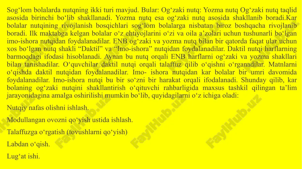 li idrok eta boshlaydi. muhitni qo‘llari va og‘zi bilan o‘rganadi. predmetlarni bir-biriga urib, undan chiqqan ovozga quloq soladi. o‘zini qiziqtirgan predmetlarga qarab intiladi va o‘z xoxishlarini qondirishga harakat qiladi. mana shu davrni e’tibordan chetda qoldirmay mas’uliyat bilan tashkil etish, bolani yoshiga mos intellektual o‘yinchoqli predmetlar bilan ta’minlashni talab etadi. manipulyativ materiallar ilk yoshdagi bolaning sensomotorikasini rivojlantirishga xizmat qiladi. sekin- asta bolaning yoshi o‘sib borishi natijasida, ular haqidagi bilimlari kengayib boradi. manipulyativ materiallar deb, stol ustida olib boriladigan faoliyatda qo‘llaniladigan mayda predmetlarga aytiladi. bu materiallardan nimadir yasalishi, nimanidir yig‘ilishini ko‘zda tutadi va bu jarayonda qo‘llari va ko‘rishni muvofiqlashtirishni talab etadi. eshtishda nuqsoni bo‘lgan bolalar bilish jarayonlarini rivojlantirishning bir necha samarali usullari mavjud:individual ta'lim yo‘nalishi: har bir bolaning eshtishidagi nuqsonlariga mos ravishda, ularning individual xususiyatlari va talablariga muvofiq ta'lim yo‘nalishlari belgilanishi muhimdir. bu, bolalar bilish jarayonlarini rivojlantirishda maxsus dasturlarni, usullarni va vositalarni qo‘llashga olib keladi. o‘yinlar va o‘yinchoqlar: o‘yinlar va o‘yinchoqlar bolalar …
