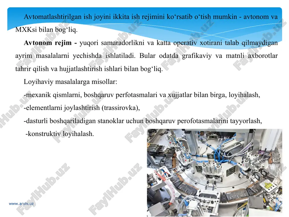 halovchilarni qulayligi ishlatilishi va texnologiyasini loyihalovchilarni ishlab chiqarishi samaradorligini oshishiga va dasturiy chiziq - apparat ta'minotini yaxshilash hisobiga operatorni ehm bilan o‘zaro bog‘lanishdagi qatorlar darajasini pasayishiga olib keladi. texnologik vositalarni texnologik mosligi, mavjud uskunalarning mahsulotini loyihalash texnologiyasiga qanchalik mos kelish darajasi bilan tavsiflanadi. yuqorida keltirilgan talablarga mos kelishi oxirgi yillarda avtomatlashtirilgan loyihalash tizim unifikatsiyalashtirishgan mualliflar asosida qurish maqsadga muvofiq deb tan olingan. ular rivojlangan texnik va bazaviy dastur vositalarga ega. tashqi vositalar moduli tarkibida mikroprotsess oddiy hisoblash vositalari asosida yaratilayotgan «intellektual terminallar» va «muhandislik grafikaaiy stansiyalar» keng joy olmoqda. www.arxiv.uz mashinaviy grafikani dastur ta'minoti bu grafikaviy ma'lumotlarni kiritish va chiќarish vositalaridir. kiritish vositalari - maxsus dasturlar paketi bo‘lib, ular grafikaviy ma'lumotni yoritadi. chiќarish vositalari safiga grafopostraitel va grafikaviy displeylar ishlashini ta'minlaydigan dastur paketlari kiradi. www.arxiv.uz slide 1 slide 2 slide 3 slide 4 slide 5 slide 6 slide 7 slide 8 slide 9 slide 10 slide 11 slide 12