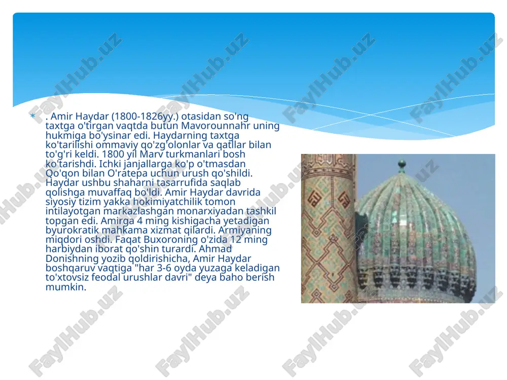 adi (a. r. muhammadjonov, i. ahrorov, j.  mirzaahmedov, sh. odilov ) va o'zbekiston madani-yat vazirligining me'moriy  yodgorliklarni ta'mirlash va as-rash instituti otryadi (e. g. nekrasova  boshchiligida) tomonidan olib borilgan tadqiqotlar nati-jasida hozirgi buxoro  viloyati xududida miloddan avvalgi 4 — z.-ming yilliklardayoq ovchilik va  baliqchilik bilan shug'ullangan, toshdan turli qurol va buyumlar yasash mahoratlari  yuksak daraja-ga etgan neolit davriga mansub qabilalar yashagani aniqlandi. davlat boshqaruvi  oliy amaldorlar sirasiga shuningdek qonunlar ijro etilishi, din musaffoligi va axloq muhofazasi, shuningdek, bozordagi tarozilar va o'lchovlar ustidan nazorat qilish vazifasi bo'lmish rais ham kirardi. rais bosh qoziga bo'ysunardi. bosh rais amir va bosh qoziga ma'lumot bilan shaxsan kelishi mumkin edi. uchala oliy amaldor — qushbegi, devonbegi va bosh qozi har doim buxoroda bo'lishi lozim edi. beklar va ularning mol-mulkini ta'lim ko'rgan askarlar — navkarlar qo'riqlashardi.  mahalliy ma'muriyat — aminlar, oqsoqollar hamda bekliklar vakillari va amir farmonlarini ijro …