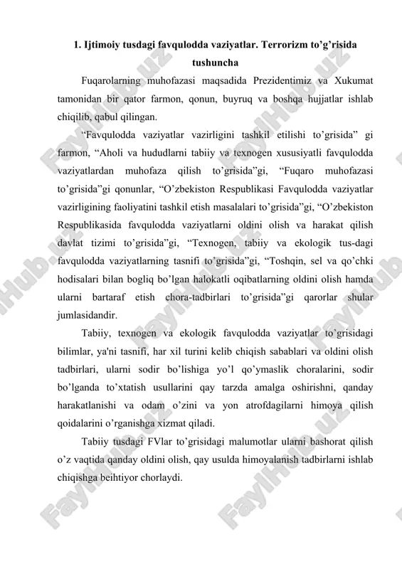 olli mojarolar chiqarishni ko’zlab igvogarliklar qilishga, aholini qo’rqitishga, ijtimoiy-siyosiy vaziyatni beqarorlashtirishga qaratilgan, o’zbekiston respublikasining jinoyat kodeksida javobgarlik nazarda tutilgan zo’rlik, zo’rlik ishlatish bilan qo’rqitish yoki boshqa jinoiy qilmishlar. terrorizm turlari: milliy. diniy. siyosiy. an'anaviy (bombali). telefon. yadroviy. kimyoviy. biologik. kiberterrorizm. terrorchilik harakatlarini amalga oshirish uchun foydalaniladigan vositalar: sovuq qurollar; o’q otar qurollr; portlovchi moddalar; zaharlovchi moddalar; biologik agentlar; radioaktiv moddalar; yadro zaryadlari; elektromagnit impulsi tarqatuvchilar. terrorizmning maqsadlari: davlat siyosati va davlat qurilishini zo’rlik yo’li bilan o’zgartirish; davlatning jamoatchilikka qarshi kurashdagi urinishlarini beqarorlashtirish va buzish; ijtimoiy va iqtisodiy masalalarni hal etish, dunyo hamjamiyatiga integratsiya qilinish qudratiga ega bo’lgan demokratik siyosiy tuzimni yaratish va mustahkamlash bo’yicha qabul qilinayotgan qarorlarni barqarorlash-tirish va buzish; shaxsga, jamiyatga, davlatga siyosiy, iqtisodiy va ma'naviy zarar keltirish. terrorzmning ko’lamlari: shaxsga qaratilgan jinoyatlar; guruhiy qotilliklar; odamlarning ommaviy qirilishi; butun mamlakat bo’ylab terrorchilik harakatlarini amalga oshirish; dunyo jamiyatiga qarshi qaratilgan yirik ko’lamli harakatlar. o’zbekiston respublikasining “terrorizmga qarshi kurash to’risida”gi qonuniga …