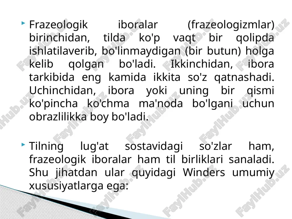 hbu misolda qo'llangan frazeologik ibora tarkibidagi doqiyunus so'zining ma'nosi o'zgargan bo'lib, u qanday ma'noda ishlatilishi iboraning umumiy maʼnosidan anglashiladi.  adi - badi aytishdi, obro'sini bir pul qildi, bo'ynida soqit qildi, dong abturad kabi so'zlari ham shunday frazeologizm slide 2 frazeologiya haqida umumiy ma'lumot slide 4 slide 5 frazeologik iboralarning struktura va ma'no xususiyatiga ko'ra frazeologik qo'shimchalar slide 8 slide 9 slide 10 slide 11 slide 12 frazeologik birlashmalar frazeologik birlashmalar (2) slide 15 slide 16 slide 17 slide 18 slide 19 slide 20 slide 21