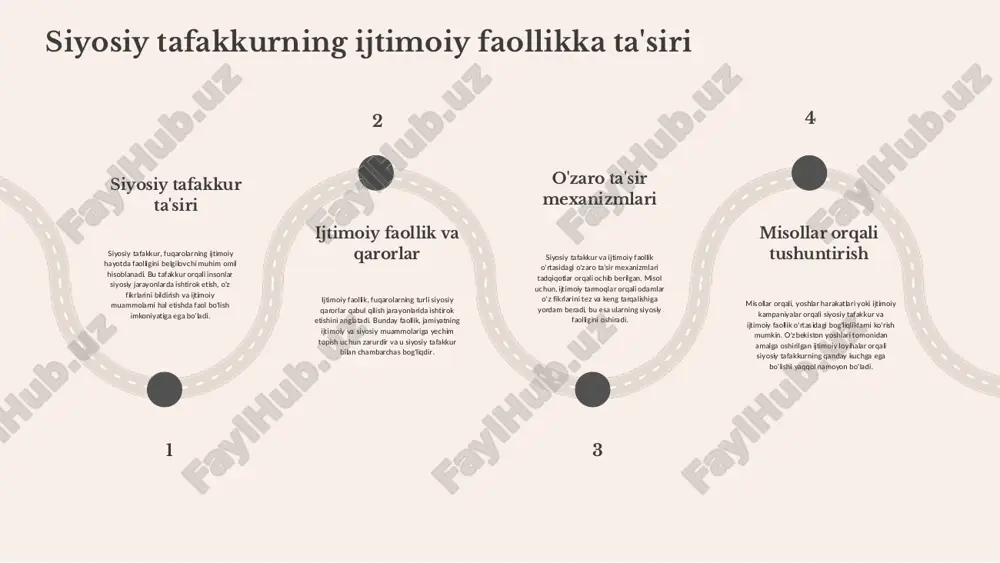 i qaror qabul qilish jarayonlariga jalb qilish zarur, mas alan, ochiq muhokamalar va s o'rovlar orqali. ikkinchidan, mahalliy jamoalarga o'z fikrlarini bildirish uchun platformalar taqdim etish muhimdir. ommaviy axborot vositalari ommaviy axborot vositalari xalq ishtirokini rag'batlantirishda muhim rol o'ynaydi. ular fuqarolarga ma'lumot berish, fikr almashish va muammolarni ko'tarish uchun zarur bo'lgan maydonni taqdim etadi. shuningdek, media orqali ijtimoiy masalalarni yoritish, jamoatchilik e'tiborini jalb qiladi. ta'lim va xabardorlik ta'lim va xabardorlik kampaniyalari xalq ishtirokini kuchaytiris h uchun zarurdir. bunday tadbirlar fuqarolarni siyosiy jarayonlar va ularning is htirok etish imkoniyatlari haqida xabardor qiladi. natijada, ularning ishtiroki yanada faol va ma'lumotli bo'ladi. rivojlanish yo'nalishlari rivojlanish yo'nalishlari, ijt imoiy faollik va siyosiy tafakkur o'rtasidagi bog'liqlikni belgilaydi. bu jarayonlar bir- birini qo'llab-quvvatlaydi va rivojlanishning ijtimoiy va iqtisodiy ta'sirini kuchaytiradi. ijtimoiy faollik va siyosiy tafakkur o'rtasidagi bog'liqlik, fuqarolarni faol ishtirok etishga undaydi. bu, o'z navbatida, jamiyatda ijtimoiy taraqqiyotga olib keladi. rivojlanishning ijtimoiy va iqtisodiy ta'siri, fuqarolar …