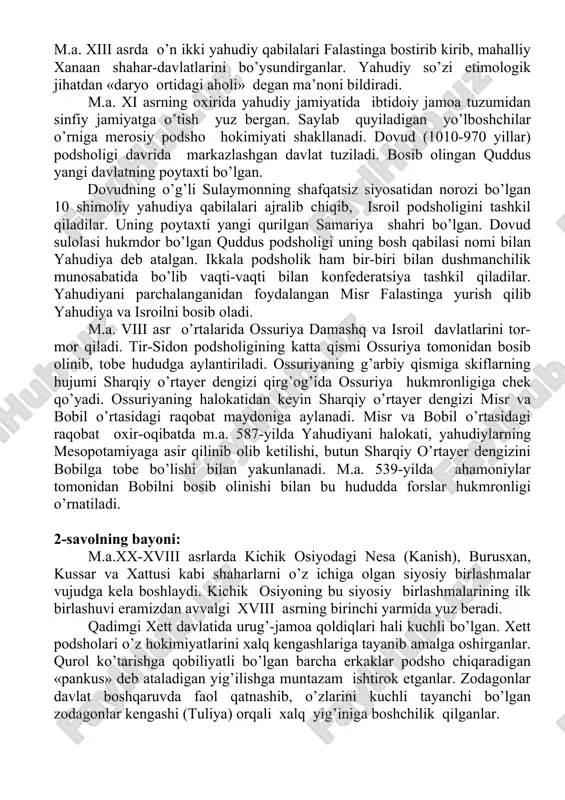 omi bilan davlat tuzdilar. tez orada ular bu yerdagi mahalliy aholining tili va madaniyatini o’zlashtirdilar, ularning nomidan “falastin” nomi kelib chiqdi. m.a. ii ming yillik oxiri i ming yillik boshlarida sharqiy o’rtayer dengizi qirg’og’i shaharlari qayta tiklandilar. sharqiy o’rtayer dengizi qirg’og’ida finikiyaliklar xalqaro savdoda yetakchi o’rinni egalladilar. finikiya shaharlarida kemasozlik, dengizchilik yuqori darajada rivojlanadi. finikiyaliklar o’rtayer dengizi havzasida o’zlarining o’nlab koloniyalarini barpo qiladilar. tir va sidon shaharlari bu yo’nalishda faol harakat qiladilar va o’zaro birlashib yagona davlat tuzadilar. finikiyaning koloniyalari ichida tir shahri asos solgan shimoliy afrikadagi karfagen yoki karxemish (m.a. 825 yoki 814 yilda barpo qilingan) iqtisodiy jihatdan yuqori darajada taraqqiy qilgan va siyosiy qudratga erishgan. karfagen shahri g’arbiy o’rtayer dengizidagi finikiyaning boshqa koloniyalarining markaziga aylanadi va o’z koloniyalarini barpo qila boshlaydi. m.a. iii-ii asr o’rtalarida puni urushlari natijasida karfagen batamom tor-mor qilinib, uning hududi rim respublikasining afrika profintsiyasiga aylantiriladi ( m.a. 146- yil). m.a. ii ming yillik oxirlarida …