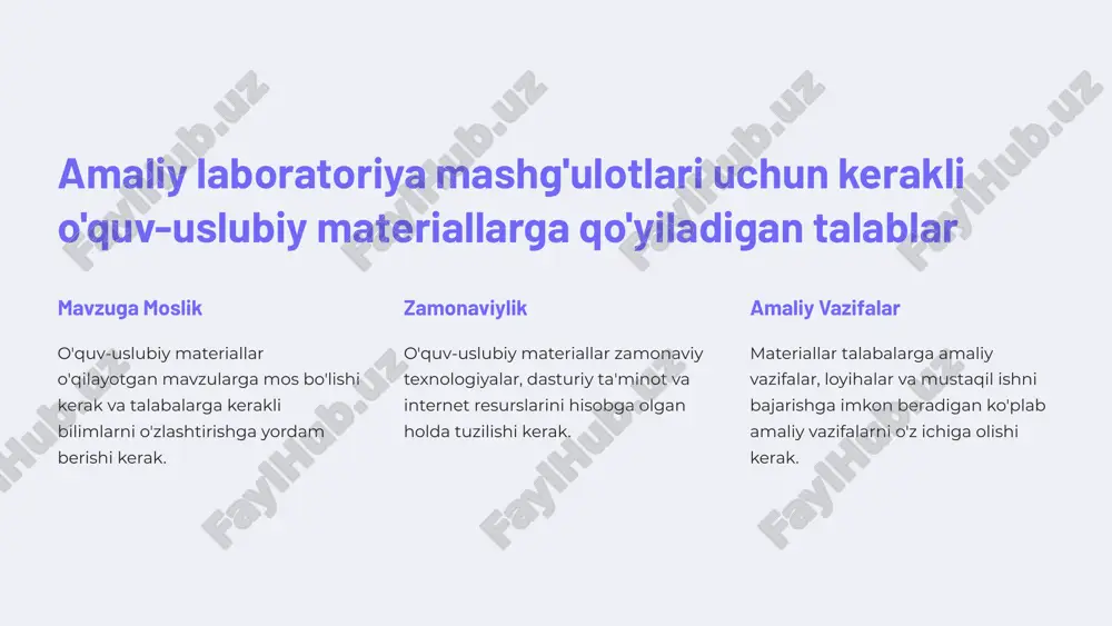 rnetga kirish bilan bog'liq muammolar talabalarga to'siq bo'lishi mumkin. bunday hollarda texnik xizmat ko'rsatuvchilarni jalb qilish, o'quvchilarga kompyuterdan foydalanish bo'yicha ko'rsatma berish, va internet aloqasini tekshirish zarur. tushunish qiyinchiliklari talabalar amaliy vazifalarni bajarishda qiyinchiliklarga duch kelishlari mumkin. bunday hollarda o'qituvchi talabalarga individual yondashuvni qo'llashi, ularga tushuntirishlar berishi, va kerak bo'lsa, qo'shimcha mashqlar berishi kerak. motivatsiya yomonligi talabalar ba'zan amaliy mashg'ulotlarga qiziqishni yo'qotishlari mumkin. bunday hollarda ularga qiziqarli loyihalar taklif qilish, o'yinli ta'lim usullaridan foydalanish, va ularning muvaffaqiyatlarini rag'batlantirish kerak. https://gamma.app/?utm_source=made-with-gamma xulosa va yakuniy tavsiyalar informatika va atlari fani bo‘yicha amaliy laboratoriya mashg‘ulotlari talabalarga zamonaviy texnologiyalarni o‘zlashtirish va amaliy ko‘nikmalarni rivojlantirishga yordam beradi. mashg‘ulotlarni samarali o‘tkazish uchun individual yondashuv, amaliy yo‘naltirilganlik, zamonaviy texnologiyalarni qo‘llash, va talabalarni rag‘batlantirish muhimdir. https://gamma.app/?utm_source=made-with-gamma slide 1 slide 2 slide 3 slide 4 slide 5 slide 6 slide 7 slide 8 slide 9 slide 10