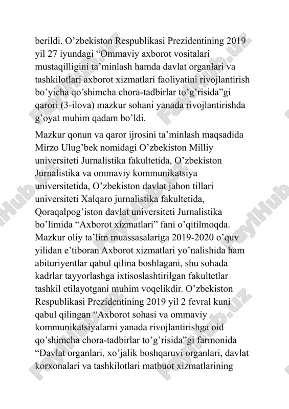 r qator kamchiliklarni sanab o’tar ekan, «axborot xizmatlari tizimini tubdan takomillashtirish lozim», deya qat’iy ta’kidladi. mamlakatimizda axborot xizmatlari tizimini takomillashtirish borasida muhim qadamlar qo’yildi. o’zbekiston respublikasi vazirlar mahkamasining 2018 yil 15 fevral kuni e’lon qilingan “o’zbekiston respublikasi davlat va xo’jalik boshqaruvi organlarining axborot xizmatlari faoliyatini yanada takomillashtirish chora-tadbirlari to’g’risida”gi 125-sonli qarori sohani yanada rivojlantirish uchun huquqiy asos bo’lib xizmat qiladi. qarorda qayd etilganidek, hozirgi shiddat bilan rivojlanayotgan dunyoda axborot va bilim eng muhim milliy resurslarga, ularni yaratish va tarqatishni ta’minlovchi tizimlar esa – barqaror rivojlanishning strategik omillariga aylanmoqda. ushbu sharoitlarda o’zbekistonda demokratik huquqiy davlatni va ochiq adolatli fuqarolik jamiyatini qurish, shuningdek, insonning huquq va erkinliklari himoya qilinishini ta’minlashdek strategik maqsadga erishish, davlat boshqaruvining sifati davlatning axborot, bilim va innovatsiyalarga asoslangan modeliga o’tishini ta’minlaydigan axborotni va bilimni yaratish, qabul qilish va tarqatish imkoniyatlari bilan belgilanadi. shu munosabat bilan davlat va xo’jalik boshqaruvi sohasida ochiqlik va shaffoflikka asoslangan samarali qarorlar qabul qilish …