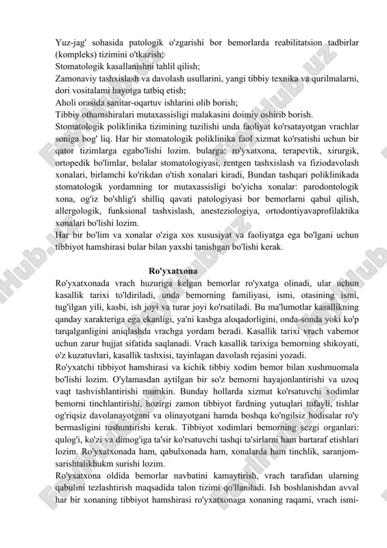 am ko'rsatishga yondashish. yuqorida sanab o'tilgan muammolarni bartaraf etishda tibbiyot xodimlari, shuningdek, tibbiy hamshiralar bir qator tadbirlar o'tkazishi lozim. xususan: reja asosida tashkillashtirilgan bemorlar jamoasini profilaktik ko'rikdan o'tkazish bilan bir qatorda aniqlangan kasallarni davolash; harbiy xizmatga chaqirilayotgan va chaqirilgan aholi o'rtasida og'iz bo'shlig'ining to'liq sanatsiyasini o'tkazish; o'tkir kechuvchi kasalliklarda va yiiz-jag' sohasi jarohatlarida bemorlarga shoshilinch yordam ko'rsatish; - stomatologik bemorlarning alohida kontingenti orasida dispanser kuzatuvi olib borish; -bemorlarga yordam ko'rsatish, stomatologik yordamgamuhtoj bemorlarni klinikaga yotqizish; vaqtincha ishga layoqatsiz bemorlarda kerakli tekshiruvlar o'tkazish, ishga vaqtincha layoqatsizlik varaqasini rasmiylashtirish, ishga joy lashish uchun sog'lig'i to'g'risidagi ma'lumotnoma berish; yuz-jag' sohasida patologik o'zgarishi bor bemorlarda reabilitatsion tadbirlar (kompleks) tizimini o'tkazish; stomatologik kasallanishni tahlil qilish; zamonaviy tashxislash va davolash usullarini, yangi tibbiy texnika va qurilmalarni, dori vositalami hayotga tatbiq etish; aholi orasida sanitar-oqartuv ishlarini olib borish; tibbiy othamshiralari mutaxassisligi malakasini doimiy oshirib borish. stomatologik poliklinika tizimining tuzilishi unda faoliyat ko'rsatayotgan vrachlar soniga bog' liq. har …