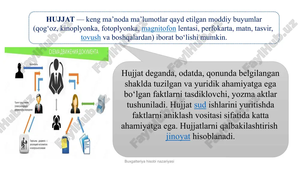 dlarga tayilanganligi tuzish tartibi muomalalarni qamrab olishligi buxgalteriya hujjatlari quyidagi belgilarga qarab turkumlanadi: buxgalteriya hisobi nazariyasi kichik tadbirkorlik sub’ekti qo‘llanilayotgan buxgalteriya hisobi xujjatlari va registrlarini yuritishda quyidagi talablarga rioya qilinadi: yagona uslubiy asos (ikki yoqlama yozuv tamoyili)ga; analitik va sintetik hisob ma’lumotlarining o‘zaro bog‘liqligiga; boshlang‘ich hisob hujjatlari asosida barcha moliyaviy-xo‘jalik operatsiyalarini hisob registrlarida to‘liq aks ettirishga; boshlang‘ich hisob hujjatlari ma’lumotlarini boshqarish, nazorat qilish va moliyaviy-xo‘jalik faoliyatini tahlil qilish hamda moliyaviy hisobot tuzish uchun zarur bo‘ladigan ko‘rsatkichlar bo‘yicha jamlash va tizimlashga. buxgalteriya hisobi nazariyasi qonunchilik hujjatlariga va pul mablag‘lari, tovar-moddiy zaxiralari va boshqa aktivlarni qabul qilish, saqlash va sarflash bo‘yicha belgilangan tartibga zid bo‘lgan boshlang‘ich hujjatlar kelib tushganda, ular korxona rahbari tomonidan qonunchilik hujjatlarida o‘rnatilgan tartibda belgilanadigan shaxslarga qaror qabul qilish uchun topshirilishi shart. buxgalteriya hisobi nazariyasi axborot texnologiyalaridan foydalangan holda tuzilgan birlamchi hujjatlar va registrlar buxgalteriya hisobida tegishli majburiy rekvizitlar mavjud bo‘lgandagina qo‘llaniladi. elektron hujjatlarni saqlash chog‘ida ulardan erkin foydalanish …