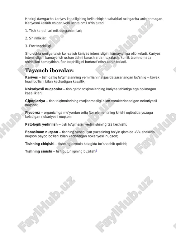 dentin aplikatsiya qilinadi. ushbu eritmalarning asosiy komponentini kalsiy, fosfor, ftor tashkil etadi. remineralizatsiya terapiyasining effektivligini vital bo‘yash sinamasini o‘tkazib aniqlanadi. tarkibida ftor saqlovchi tish pastalaridan foydalanish tavsiya etiladi. tishda kariyes kovagi bo‘lgan tishlarni davolash uchun patologik o‘zgarish sodir bo‘lgan to‘qimalarni olib tashlanadi. o‘rta kariyesni davolashda kariyes kovagini charxlab, shakllantirib, quritilib, avval taglik so‘ng doimiy plomba qo‘yiladi. chuqur kariyesni davolashda kariyes kovagining mikroflorasini zararsizlantirish pulpaning yallig‘lanishining oldini olish maqsadida davolovchi malham qo‘yiladi. davolovchi malham sifatida tarkibida gidrookisid kalsiy bo‘lgan pastalardan foydalaniladi. davolovchi malhamdan so‘ng ajratuvchi suvli dentin, fosfat sementli taglik so‘ng doimiy plomba bilan tiklanadi. yuza, o‘rta va chuqur kariyeslarda albatta patologik o‘zgargan to‘qimalarini olib tashlash kerak bo‘ladi. buning uchun tish charxlanadi. tishni charxlash kariyesni davolashning asosiy bosqichlaridandir. kariyes kovagi sinfidan qat’iy nazar charxlash va kariyes kovagini shakllantirish quyidagi bosqichlardan iborat. 1. zarur bo‘lsa og‘riqsizlantirish. 2. kariyes kovagini ochish. 3. kariyes kovagini kengaytirish va nekrotomiya qilish (yumshagan va pigmentlangan dentinni olib …