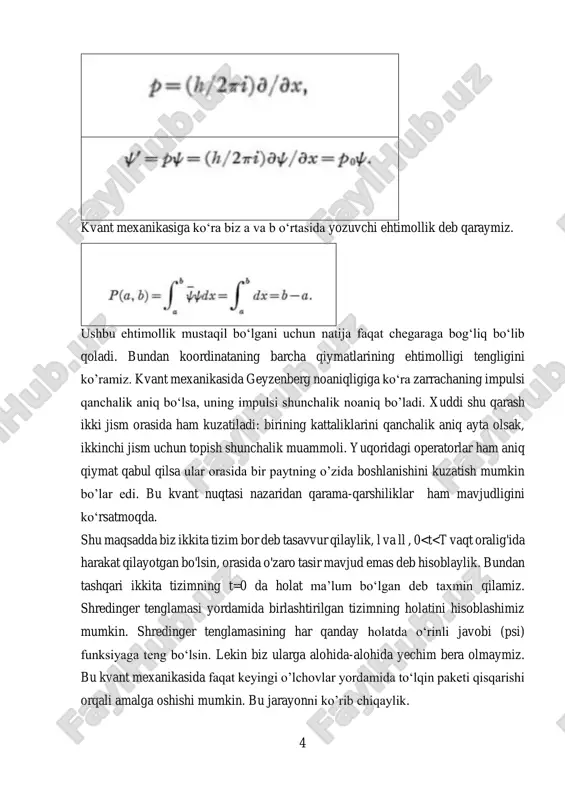 amiz. agar bu formuladagi kattaliklar o‘lchansa, qiymatga ega ekanligi aniqlansa bir vaqtning o’zida bu tenglamalar ikki sistemada mos ravishda bajariladi. shuning uchun biz birinchi tizimida amalga oshirilgan ikki xil oʻlchov natijasida ikkinchi tizim ikki xil toʻlqin funksiyasiga ega bo'lgan holatlarda qoldirilishi mumkinligini ko'ramiz. boshqa tomonidan, o'lchash paytida ikkita tizim o‘zaro ta'sirlashmaydi, chunki birinchi tizimda amalga oshirilishi mumkin bo'lgan har qanday narsa natijasida ikkinchi tizimda oʻzgarish sodir bo'lmaydi. bu albatta ikki tizim o'rtasida o'zaro ta‘sirni yo'qligi nimani anglatishini bildiradi. shunday qilib ikki xil to'lqin funksiyasini tanlash mumkin. endi ikki xil to'lqin funksiya kattaliklari mos keladigan ikkita operatorlarning oʻziga xos funksiyalari sifatida qaralsin bu aslida shunday boʻlishi mumkinligini eng yaxshi misol bilan ko'rsatishi mumkin. faraz qilaylik, ikkita tizim ikkita zarracha koʻrinishida berilgan. 6 bu yerda x doimiy. bu har qanday vaqt momentida o‘rinli bo‘lishi kerak. integralning xususiy funksiyasi sifatida quyidagini olaylik. bog‘langan sistemalar uchun uzluksiz spektr kuzatiladi. chunki up(x1)ning har biri uchun …