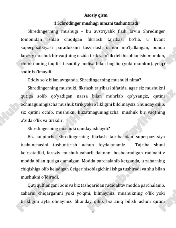 yasi juda g'alati. unda aytilishicha, kvant qoidalariga amal qiladigan zarracha yoki atom kabi ob'ekt o'lchanmaguncha mahkamlab qo'yiladigan haqiqatga ega emas. o'sha vaqtga qadar uning impuls kabi xususiyatlari to'lqin funksiyasi deb nomlanuvchi matematik ob'ektda kodlangan bo'lib, u asosan aytadi: agar siz o'lchov qilsangiz, bu erda bir qator mumkin bo'lgan natijalar mavjud. nazariyaning rivojlanishi bilan muqarrar savol tug'iladi: unda bu narsa bundan oldin nima qilyapti? 1930-yillarda eng ko'zga ko'ringan javob daniya shahrida kvant nazariyasi yoritgichlari niels bor va verner heisenberg tomonidan ishlab chiqilgan kopengagen talqinidan keldi . bu shuni anglatadiki, o'lchovdan oldin haqiqatan ham aniq haqiqat yo'q va ob'ekt superpozitsiya deb nomlanuvchi noaniq holatda. shredingerning fikrlash tajribasi kvant ob'ekti tanishroq narsa bilan bog'langanda bu qanday sodir bo'lishini tekshirdi. u radioaktiv atom, zahar solingan flakon va mushuk solingan qutichani tasavvur qildi. kvant qoidalariga amal qilgan holda, radioaktiv atom istalgan vaqtda parchalanishi yoki bo'lmasligi mumkin. vaqt qachon kelishini aytib bo'lmaydi, lekin u parchalanib ketganda, …