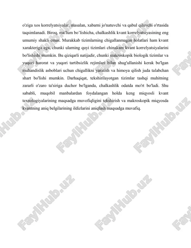 an fizik miqdorlarning fizik dunyoda bir vaqtning o'zida mavjud ekanligini anglatadi. faraz qilaylik, sistemaning holati 1 √2 (|01› 𝐴𝐵 +|10› 𝐴𝐵 ). agar a bo'yicha|01› 𝐴 , (aytaylik, spin 𝜎𝑧) asosidagi o'lchov 0 natijaga ega bo'lsa, tizimni bezovta qilmasdan, xuddi shu asosda b bo'yicha ikkinchi o'lchov ham aniq ma'lum, natija 1. lekin biz bazisni mahalliy o'zgartirishni amalga oshirib, 1 2 ( | + +› 𝐴𝐵 + | − −› 𝐴𝐵 ), |±›= 1 2 ( |0› + |1›) ni olishimiz mumkin. endi, agar |+, −› 𝐴 ( 𝜎𝑥 spinining) asosidagi a dagi o'lchov natija+ ni qaytarsa, b bo'yicha ikkinchi o'lchov natijasi aniqlik bilan + natijaga ega bo'ladi. demak, bir-biriga mos kelmaydigan kuzatilishi mumkin bo'lganlarning xos holatlari bir vaqtning o'zida ikkalasi ham haqiqiydir va bu geyzenberg printsipiga ochiq qarama-qarshidir. 60-yillarda j. bell realizm, toʻliqlik va mahalliylikning uchta sharti fazoga oʻxshash ajratilgan oʻlchovlarning statistik korrelyatsiyalari bell tengsizliklari deb nomlanuvchi cheklovlarni qondirishi kerakligini …