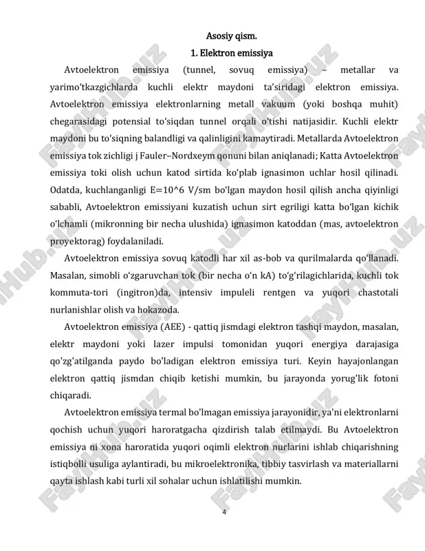 toelektron emissiya, termoelektron emissiya, 6 fotoelektron emissiya, ikkilamchi emissiya va boshqalar turlari mavjud. tashqi omillar taʼsirida qattiq jism yoki suyuqlikdagi elektronlarning bir qismi jism sirti chegarasidagi potensial toʻsiqni yengib oʻtishga yetarli energiya olganda yoki elektr maydon taʼsirida potensial toʻsiq jism ichida eng yuqori energiya olgan elektronlar uchun kuchsiz (shaffof) boʻlib qolganda elektron emissiya yuz beradi. elektron emissiyani kuzatish uchun jism (emitter) sirtida elektronlarni tezlashtiruvchi tashqi elektr maydon vujudga keltirish lozim. bu elektr maydon emitter sirtidan elektronlarni "soʻrib oladi". elektron emissiyadan ilmiy tekshirish ishlarida, elektron asboblar va lampalar yaratishda foydalaniladi. 7 2.tunnel effekti va sovuq emissiya tunnel effekti — mikrozarralar (elektron, atom va boshqalar) ning potensial toʻsiq (zarraning potensial energiyasi uning toʻliq energiyasidan katta boʻlgan soha)dan oʻtish hodisasi. tunnel effekti toʻsiq sohasida zarra impulyelari (va energiyalari)ning sochilishi deb tushuntirish mumkin bulgan kvant effektidir. kvant tabiatga ega bulgan mikrozarraning toʻliq energiyasi potensial energiyasidan kichik boʻlsada, uning toʻsiqdan oʻtish ehtimolligi noldan katta zarralarning …