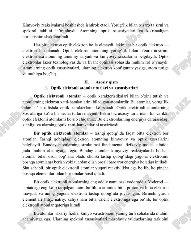 il qiladi. bunday atomlar ko‘pincha bir-biriga yaqin energiya darajalariga ega bo‘lgan holatlarni ko‘rsatadi. ikki optik elektonli atomlarda ikki elektronning ta’siri, spektrda ko’proq yo’nalishning paydo bo’lishiga sabab bo’ladi. ikki optik elektonli atomlarga kalsiy (ca), temir (fe), marganets (mn), mis (cu) va boshqa atomlarni misol qilishimiz mumkin. bu turdagi atomlar astrofizik va plazma spektrlari tahlilida muhim ahamiyatga ega. har ikki optik xossalarda va kvant mexanikasida o’ziga xos xatti-harakatlar yaratish va lazer texnologiyalari, spektroskopiya kabi kuchli ustundir. bir optik elektronli atomlar energiya o’tishlarining soddaligi bilan ajralib tursa, ikki optik elektronli atomlar elektron yutuvchi kuchining muvozanati sababli barqarorroq va murakkabroq spektral xususiyatlarga ega. bir optik elektronli atomlarda soddaroq energetik tizim, oddiy spektr mavjud va ularning reaktivligi yuqori. ikki optik elektronli atomlarda esa murakkabroq energetik tizim, yuqori barqarorlik va murakkab spektr. 2. bir va ikki optik elektronli atomlarning ilmiy va texnologik ahamiyati atomlarning bu turlari ilmiy tadqiqotlar va texnologiyada muhim o‘rin tutadi. ular o‘z energetik …