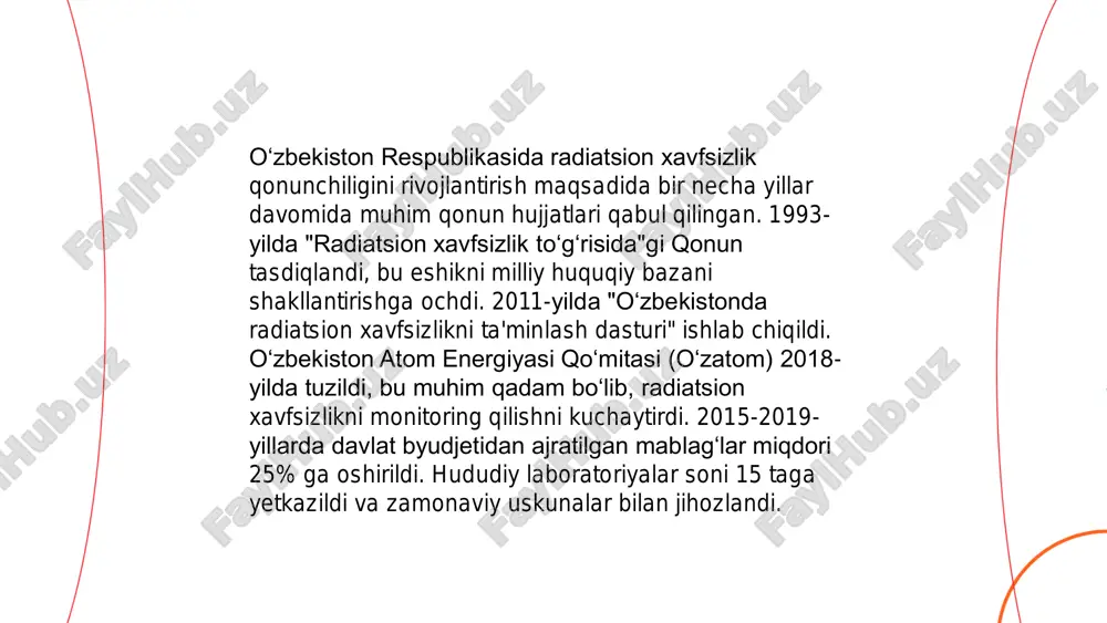k protseduralar paytida himoya vositalari, masalan, qo'rg'oshinli apronlar ishlatiladi. radiatsiya manbalari atrofida mavjud belgilar va ogohlantirishlar joylashtiriladi. bemorlarning xavfsizligini ta'minlash uchun minimal zarur doza qo'llaniladi. ushbu tadbirlar orqali tibbiy muassasalarda radiatsiyadan kelib chiqadigan xavflar minimallashtiriladi. radiatsion xavfsizlik normalari va qonunchilik abdullayev ayyubxon sotvoldiyeva shoxista e'tiboringiz uchun raxmat!