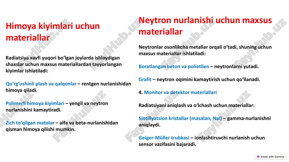 ya bilan ishlaydigan puflagich havoni tozalash filtrlari orqali ifloslanishni kuchaytiradi tozalangan havo musbat bosim ostida yuz qismiga etkaziladi. taʼminlangan havo respiratori (sar) himoya ekranlarining turlari: 1.mexanik himoya ekranlari: ular asosan zarbalardan, kesishlardan yoki mexanik ta'sirlardan himoya qilish uchun ishlatiladi. misol uchun, ba'zi materiallar — alyuminiy, po'lat yoki plastmassalardan tayyorlangan ekranlar mexanik himoya uchun ishlatiladi. 2.kimyoviy himoya ekranlari: bu turdagi ekranlar kimyoviy moddalardan yoki zaharli materiallardan himoya qilish uchun mo'ljallangan. ular maxsus polimer materiallardan yoki kislotalarga chidamli materiallardan tayyorlanishi mumkin. 3.issiqlik himoya ekranlari: bu ekranlar issiqlik ta'siridan, yuqori haroratdan himoya qilish uchun ishlatiladi. misol uchun, alohida izolyatsiya materiallaridan yoki issiqlikka chidamli po'latdan tayyorlangan himoya ekranlari. 4.radiatsiya himoya ekranlari: bu ekranlar ionlashtiruvchi nurlardan (rentgen nurlari, gamma nurlari va boshqalar) himoya qilish uchun ishlatiladi. ular asosan svint va svintli materiallar, qo'rg'oshin, boro va boshqa o'xshash moddalar bilan qoplangan bo'lishi mumkin. himoya ekranlari foydalanish sohalari: •sanoat: ishlab chiqarish jarayonlarida xavfli mexanik, kimyoviy yoki issiqlik …