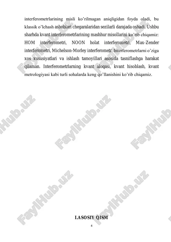 bo’ylab tarqalayotgan fotonlarning fazalari o’rtasidagi farqni aniqlashga imkon beradi. agar faza farqi bo’lsa, fotonlar qayta birlashish nuqtasida interferensiya hodisasini yuzaga keltiradi. bu hodisa fotonlarning fazalariga bog’liq bo’ladi. noon interferometri kvant tutashuv holatlarini ishlatishga imkon beradi. bu kvant texnologiyalarida muhim ahamiyatga ega. interferometr klassik interferometrlarga qaraganda yuqoriroq faza sezgirligiga ega. noon interferometry kvant optikasida bir qator muhim tajribalarda qo’llaniladi. jumladan: 8  kvant metrologiyasi: yuqori darajadagi aniqlik bilan o’lchashlarni amalga oshirish.  kvant sensorlar: yuqori sezgirlikka ega sensorlar yaratish.  kvant hisoblash: kvant kompyuterlarda amallarni bajarish uchun kvant ventillari yaratish. hom va noon interferometrlari kvant optikasida keng qo’llaniladigan ikki xil asbob bo’lib, ular faza o’lchashlari va kvant o’lchashlarda muhim rol o’ynaydi. farqlari: hom: klassik lazer nuridan foydalanadi va fotonlarning superpozitsiya holatiga ega emas. faza o’zgarishlarini aniqlash uchun gomodin detektordan foydalanadi. faza o’lchashlari, lazerli lokatsiya, kvant aloqa da qo’llaniladi. noon: ikki va undan ortiq fotonlarning superpozitsiya holatidan foydalanadi, bu esa yuqori sezgirlikni …
