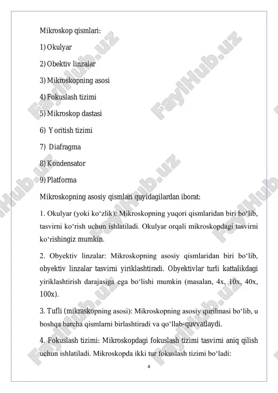 rda. mikroskopning juda muhim elementi ob'ektiv linzaning orqa fokus tekisligida joylashgan diafragma diafragmadir. bu tasvirning kontrastini va mikroskopning o'lchamlarini aniqlaydi. temda tasvir kontrastining shakllanishini natijada signalning intensivligi boshqa omillar qatorida namuna topografiyasiga bog'liq. ba'zi semlarning o'lchamlari 1 nanometrdan yuqori. 8 elektron mikroskoplar elektron mikroskopi optik mikroskopiya kabi bir xil asosiy tizimli xususiyatlarga ega, ammo optik mikroskopadan ko'ra moslamalarni ko'paytirish va o'ichamlari juda ko'p. 1938 yilda ruska tomonidan birinchi transmissiya elektron mikroskopi ixtiro qilinganligi sababli, transmisyon elektron mikroskopining ishlashini doimiy yaxshilashga qo'shimcha ravishda, boshqa elektron mikroskopning boshqa turlari ham ishlab chiqildi. elektron mikroskopini skanerlash, elektron mikroskopini tahlil qilish, yuqori bosimli elektron mikroskopi kabi. turli elektron mikroskopi namunalarini tayyorlash texnikasi bilan birlashtirilgan holda, namunalar chuqur o'rganishning ko'p o'lchovli strukturasi yoki strukturaviy-funksiya aloqasi bo'lishi mumkin. mikroskoplar kichik narsalarning tasvirlarini ko'rish uchun ishlatiladi. odatda biologiya, tibbiyot va kuzatishning kichik zarralarida qo'llaniladi. elektron mikroskop ob'ektni 2000000 marta kengaytirishi mumkin. elektron mikroskop bu yorug'likning asosiy manbai …