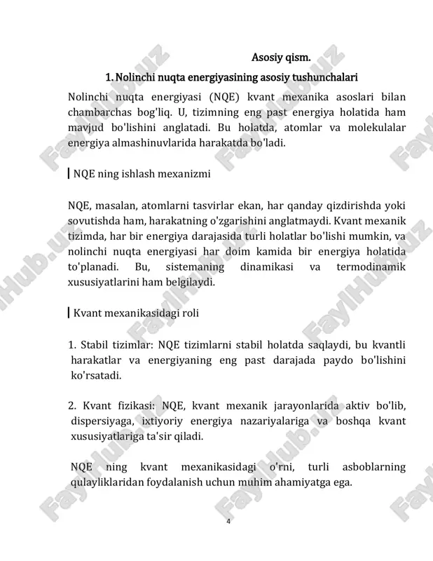 rning xususiyatlarida nomutanosibliklarga olib kelishi mumkin. bu, yangi materiallarni yaratish va mavjudlarini takomillashtirishda muammolar tug'dirishi mumkin. nqe, materiallarning xilma-xilligini va ularning funksional imkoniyatlarini kengaytiradi. nolinchi nuqta energiyaning energiya ishlab chiqarish jarayonlaridagi roli: ▎1. termodinamik asoslar nqe, energiya ishlab chiqarish jarayonlarining termodinamik asoslarini belgilaydi. bu energiya tizimning muvozanat holatini va energiya o'tkazilishini ta'sir qiladi. ▎2. energiya ishlab chiqarish samaradorligi nqe, energiya ishlab chiqarish samaradorligi va energiyaning qanday foydalanilishi bilan bog'liq. nqe yuqori bo'lsa, tizimda energiya sarfi kamroq bo'ladi, bu esa samaradorlikni oshiradi. ▎3. materiallar tanlovi nqe, energiya ishlab chiqarishda qo'llaniladigan materiallar tanloviga ta'sir qiladi. nqe yuqori bo'lgan materiallar ko'proq energiya ishlab chiqarishni ta'minlaydi. ▎4. innovatsiyalar va texnologiyalar 9 nqe energiya ishlab chiqarish jarayonlarini takomillashtirishda muhim ahamiyatga ega. bu energiya manbalari, masalan, qayta tiklanuvchi energiya texnologiyalarini rivojlantirishga yordam beradi. nqe, energiya ishlab chiqarishning samaradorligi va sifatini oshirishda muhim rol o'ynaydi. xulosa nolinchi nuqta energiyasining uning asosiy xususiyatlari va ahamiyatlari quyidagilardir: nazariy asoslar: …