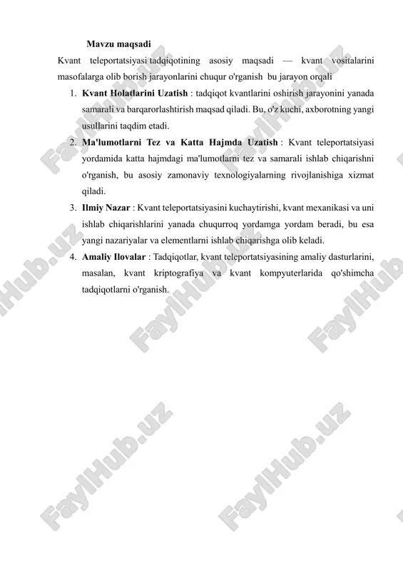 tuzatishlari: elis uning natijasini yuboradi o'lchov (ikki klassik bit) bobga. ushbu bitlarga asoslanib, bob o'zining qubitiga mos keladigan pauli operatsiyasini qo'llaydi va uni elis teleport qilmoqchi bo'lgan holatga aylantiradi.teleportatsiya jarayonining samaradorligi va ishonchliligi chigal juftlarning sifatiga, o'lchovlar va tuzatishlarning aniqligiga bog'liq. ushbu omillarni optimallashtirish uchun turli xil eksperimental qurilmalar ishlab chiqilgan.kvant teleportatsiyasining nazariy asoslari kvant mexanikasining fundamental qonunlari va tushunchalariga asoslanadi. bu tushuncha kvant holatlarini, ya'ni zarrachalarning kvant xususiyatlarini masofaviy tarzda uzatish imkoniyatini tushuntiradi. quyida ushbu nazariyaning asosiy jihatlari yoritiladi: 1. kvant holati kvant teleportatsiyasi kvant holatini bir joydan boshqasiga uzatish g‘oyasiga asoslanadi. kvant holati – bu zarracha (masalan, foton, elektron) ning to'liq fizik xususiyatlarini tavsiflovchi matematik tavsifdir. bu holatni bir joydan boshqasiga o‘zgartirmasdan ko‘chirish kvant teleportatsiyasining maqsadidir. 2. kvant o'ralish kvant teleportatsiyasining asosiy nazariy komponenti kvant o'ralish hodisasidir.o'ralish ikki yoki undan ortiq zarrachalar o'rtasida o‘zaro bog‘liqlik holatini ifodalaydi. ular o‘rtasidagi bog‘liqlik masofa yoki vaqtga bog‘liq emas. agar ikkita zarracha …