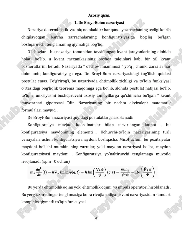 o'xshash" mexanikaning turli kengaytmalari mavjud. bomning o'zi 1953 yilda bitta zarracha uchun dirak tenglamasini qanoatlantiruvchi nazariyaning kengaytmasini taqdim etdi . biroq, bu ko'p zarralar holati uchun kengaytirilmadi, chunki u mutlaq vaqtdan foydalangan. bom nazariyasining lorents-invariant kengaytmalarini yaratishga qiziqish 1990- yillarda paydo bo'ldi; qarang: bohm and hiley: the undivided universe va undagi havolalar. yana bir yondashuv dürr va boshqa tomonidan berilgan, ular bohm-dirac modellari va fazo-vaqtning lorentz-invariant foliatsiyasidan foydalanadilar. shunday qilib, dürr va boshqalar. (1999) qo'shimcha tuzilmani kiritish orqali bom-dirak nazariyasi uchun lorentz o'zgarmasligini rasmiy ravishda tiklash mumkinligini ko'rsatdi. ushbu yondashuv hali ham fazo-vaqtning o'zgarishini talab qiladi. garchi bu nisbiylikning standart talqiniga zid bo'lsa-da, afzal ko'rilgan ko'rinish, agar kuzatilmasa, nisbiylik bilan empirik ziddiyatlarga olib kelmaydi. 2013 yilda dürr va boshqalar. zarur bo'lgan foliyatsiyani to'lqin funksiyasi bilan kovariativ tarzda aniqlash mumkinligini taklif qildi. nolokallik va afzal ko'rilgan barglar o'rtasidagi munosabatni quyidagicha yaxshiroq tushunish mumkin. de broyl-bom nazariyasida nolokallik bir zarraning tezligi va …