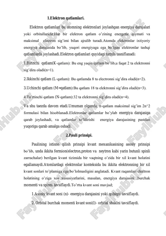 darajasidan boshlanib, yuqoriga qarab to’ldiriladi, bir xil energiyali orbitalarda birinchi navbatda yakka joylashib , keyin juftlashadi. bu tuzilish atomlarning kimyoviy xususiyatlarini va ular o’rtasidagi reaksiyalarni belgilaydi. iv.foydalanilgan adabiyotlar 1.tipler,p.a, va moska.g. 2.griffiths,d.j. introduction to quantum mechanics 3.atkins,p, va friedman,r. molecular quantum mechanics.oxford university press.