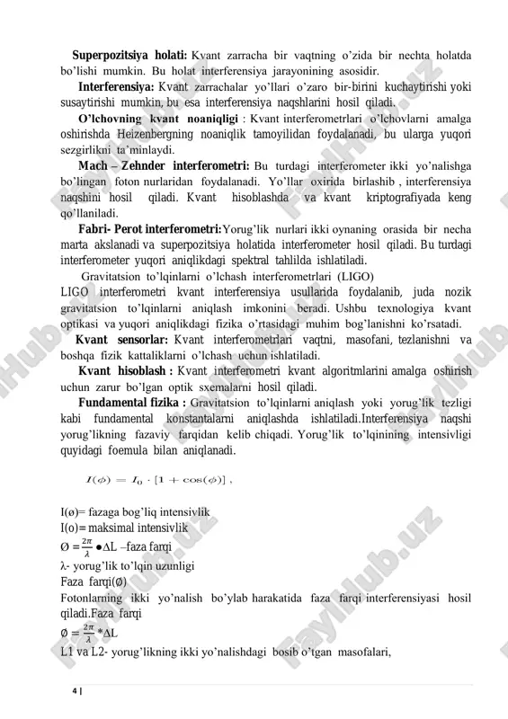 ‘ri- sida quyidagi ikki dadil va munozarali farazlarni bayon qiladi: birinchi faraz: osillatorlar energiyasi faqat aniq diskret qiymatlar qabul qiladi: bunda n – kvant soni deb ataluvchi musbat butun son. har bir osillator energiyasi yuqoridagi formula bilan berilgan diskret qiymatlar qabul qilishi mumkin bo‘lgani uchun biz energiyani kvantlangan deymiz. shuningdek, har bir diskret energiya qiy-matiga n kvant soni bilan ifodalanuvchi turli kvant holatlar mos keladi. ikkinchi faraz: 6 | osillatorlar bir kvant holatdan ikkichisiga o‘tganida yoki energiya chiqaradi, yoki energiya yutadi. o‘tishdagi boshlang‘ich va oxirgi holatlar orasidagi energiyalar farqi faqat bitta nurlanish kvanti sifatida chiqariladi yoki yutiladi. agar muayyan bir holatdan quyi qo‘shni holatga o‘tish sodir bo‘lsa, aytaylik, n = 3 holatdan n = 2 holatga o‘tish ro‘y berganida e=hv ga muvofiq osillator chiqaradigan va nurlanish kvanti tashiydigan energiya miqdori quyidagiga teng bo‘ladi: osillator faqat kvant holatlarini o‘zgartirgandagina energiya chiqaradi yoki yutadi. agar u bitta kvant holatida qolsa, hech qanday …