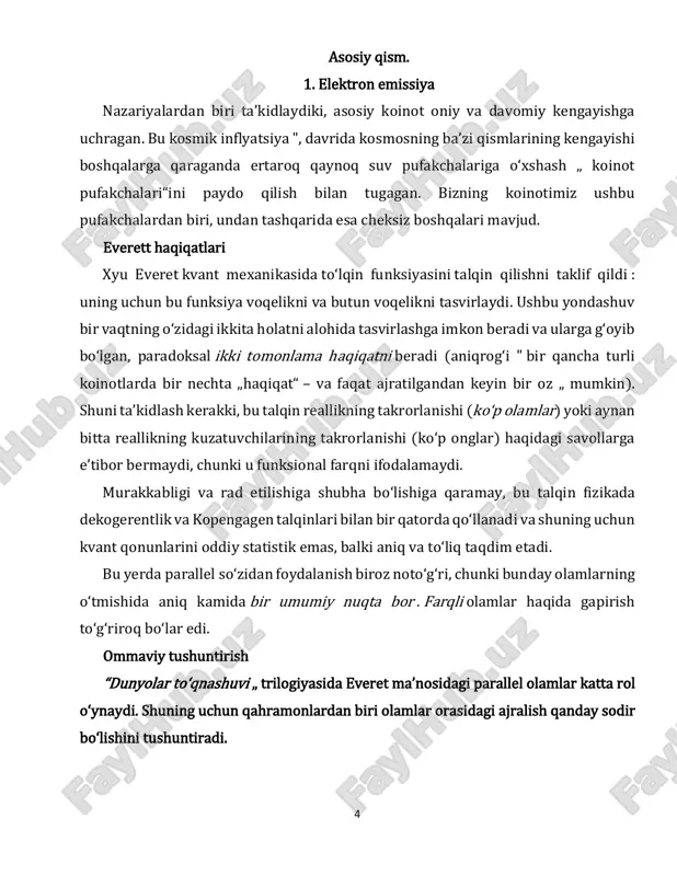 ulasi yoki everett talqini deb ham ataladi, birinchi marta 1957 yilda uni fanga kiritgan fizik xyu everett nomi bilan atalgan. bryce dewitt formulani ommalashtirgan va uni 1970 - yillarda multiolam deb atagan. multiolamda toʻlqin funksiyasi qulashining sub’ektiv koʻrinishi kvant dekogerentsiyasi mexanizmi bilan izohlanadi . kvant nazariyasini talqin qilishda dekogerentlik yondashuvlari 1970-yillardan beri keng oʻrganilib, ishlab chiqilgan va juda mashhur boʻldi. multiolam endi boshqa dekogerentlik talqinlari, qulash nazariyalari (shu jumladan kopengagen talqini) va bohm mexanikasi kabi yashirin oʻzgaruvchan nazariyalar bilan bir qatorda asosiy talqin hisoblanadi . multiolamlarning talqini koinotlarning cheksiz soni borligini anglatadi . bu fizika va falsafadagi bir qancha koʻp oʻlchovli farazlardan biridir .multiolam talqini vaqtni koʻp shoxli daraxt sifatida koʻrib chiqadi, bunda barcha mumkin boʻlgan kvant natijalari amalga oshiriladi. https://uz.wikipedia.org/w/index.php?title=kopengagen_talqini&action=edit&redlink=1 https://uz.wikipedia.org/w/index.php?title=xyu_everett&action=edit&redlink=1 https://uz.wikipedia.org/w/index.php?title=xyu_everett&action=edit&redlink=1 https://uz.wikipedia.org/w/index.php?title=bohm_mexanikasi&action=edit&redlink=1 https://uz.wikipedia.org/w/index.php?title=bohm_mexanikasi&action=edit&redlink=1 7 2. shrodenger mushugi kvant mexanikasida shrodinger mushugi kvant superpozitsiyasi paradoksini koʻrsatadigan fikrlash tajribasidir . fikrlash tajribasida gipotetik mushuk bir vaqtning oʻzida ham tirik, ham …