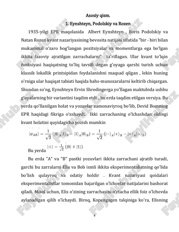 mahalliy yashirin o'zgaruvchilar bilan tasvirlab bo'lmaydi va kvantning mahalliy bo'lmagan sabablar siri saqlanib qoladi. biroq, bellning ta'kidlashicha, bomning mahalliy bo'lmagan yashirin o'zgaruvchan modeli boshqacha: bu [qo'pol nolokal tuzilma] kvant mexanik bashoratlarini takrorlaydigan har qanday nazariyaga xosdir. clauser , horne, shimony va holt (chsh) bu tengsizliklarni eksperimental sinov uchun qulayroq bo'lgan tarzda qayta ishlab chiqdilar (qarang: chsh tengsizligi ). bell tomonidan taklif qilingan stsenariyda (bell stsenariysi) ikkita eksperimentalist elis va bob alohida laboratoriyalarda tajriba o'tkazadilar. har bir yugurishda elis (bob) tajriba o'tkazadi x(y) uning laboratoriyasida, natijani olish a(b). agar elis va bob o'zlarining tajribalarini bir necha marta takrorlashsa, ular ehtimolliklarni taxmin qilishlari mumkin p(a,b|x,y), ya'ni, elis va bob mos ravishda natijalarni kuzatish ehtimoli a,b ular mos ravishda x,y tajribalarini o'tkazganda. quyida, har bir bunday ehtimollik to'plami {p(a,b|x,y):a,b,x,y} bilan belgilanadi p(a,b|x,y). kvant nolokallik jargonida, p(a,b|x,y) quti deb 8 ataladi. bell parametrni kiritish orqali yashirin o'zgaruvchi haqidagi g'oyani rasmiylashtirdi har bir tizim bo'yicha …