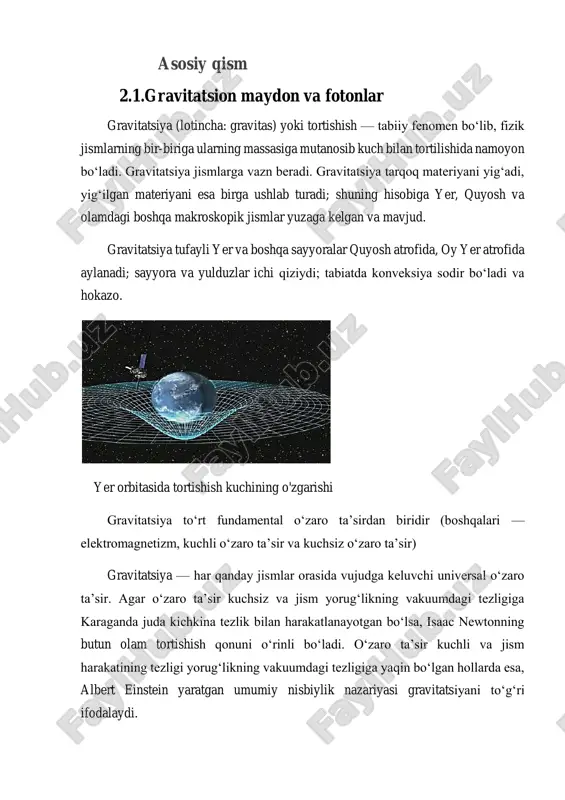 donda harakati va kuchlar. fotonlar gravitatsion maydonda harakat qilganda, ular gravitatsion kuchlarning ta'siri ostida yo‘nalishlarini o‘zgartirishi mumkin. bu jarayon gravitatsion linzalash yoki gravitatsion qizil siljish kabi hodisalar bilan bog‘liq. quyida asosiy tushunchalar keltirilgan: 1. fotonlar va gravitatsion maydon 2. fotonlar massaga ega bo‘lmagan zarrachalar bo‘lsa-da, ular energiya va impulsga ega. shu sababli, gravitatsion maydon fotonlarning traektoriyasiga ta’sir qiladi. bu ta’sirni umumiy nisbiylik nazariyasi tushuntiradi. albert eynshteynning bu nazariyasiga ko‘ra, katta massa atrofidagi fazo-vaqt egilib, yorug‘lik nurlarining harakati shu egilgan fazo orqali amalga oshadi 3. gravitatsion linzalash 4. gravitatsion linzalash katta massali jismlar (yulduzlar, qora tuynuklar yoki galaktikalar) atrofida sodir bo‘ladi. quyidagi jarayon kuzatiladi: massali obyekt yaqinidan o‘tgan fotonlarning yo‘nalishi o‘zgaradi. bu hodisa kuzatuvchiga obyektning orqasidagi manbadan kelayotgan yorug‘likning qayta tarqalib ko‘rinishiga olib keladi. bu hodisani quyosh yaqinida yulduz yorug‘ligining burilishini kuzatish orqali isbotlashgan. 5. gravitatsion qizil siljish 6. fotonlar gravitatsion maydon ichida yuqoriga harakatlanayotganda energiyasi kamayadi. chunki: gravitatsion kuch fotonning …