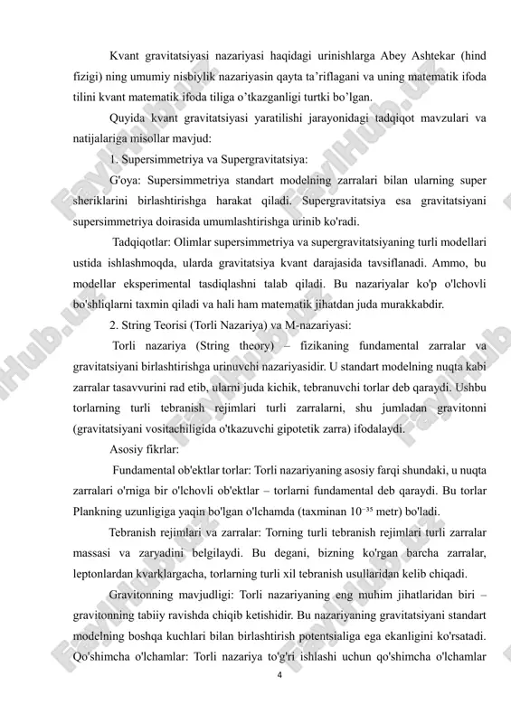 vitonni (gravitatsiyani vositachiligida o'tkazuvchi gipotetik zarra) ifodalaydi. asosiy fikrlar: fundamental ob'ektlar torlar: torli nazariyaning asosiy farqi shundaki, u nuqta zarralari o'rniga bir o'lchovli ob'ektlar – torlarni fundamental deb qaraydi. bu torlar plankning uzunligiga yaqin bo'lgan o'lchamda (taxminan 10⁻³⁵ metr) bo'ladi. tebranish rejimlari va zarralar: torning turli tebranish rejimlari turli zarralar massasi va zaryadini belgilaydi. bu degani, bizning ko'rgan barcha zarralar, leptonlardan kvarklargacha, torlarning turli xil tebranish usullaridan kelib chiqadi. gravitonning mavjudligi: torli nazariyaning eng muhim jihatlaridan biri – gravitonning tabiiy ravishda chiqib ketishidir. bu nazariyaning gravitatsiyani standart modelning boshqa kuchlari bilan birlashtirish potentsialiga ega ekanligini ko'rsatadi. qo'shimcha o'lchamlar: torli nazariya to'g'ri ishlashi uchun qo'shimcha o'lchamlar 5 (bizning 3 fazoviy va 1 vaqt o'lchovlarimizdan tashqari) mavjud bo'lishi kerak. bu qo'shimcha o'lchamlar biz uchun ko'rinmaydigan darajada ixchamlashgan bo'lishi mumkin. turli versiyalar: torli nazariyaning bir nechta versiyalari mavjud, ularning eng mashhurlari: i turdagi torli nazariya, ii turdagi torli nazariya va heterotik torli nazariya. …