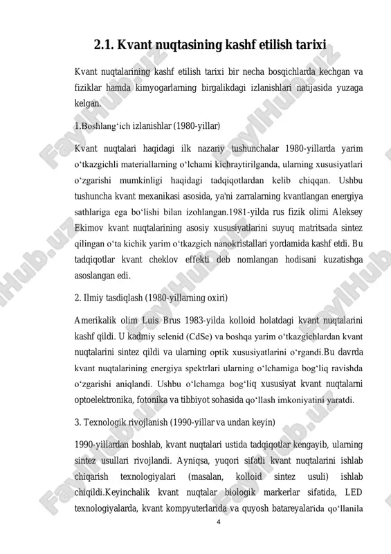 siya yo‘li bilan hosil qilishni o‘z ichiga oladi. kolloid sintez jarayoni kimyoviy reaksiya sharoitlarini nazorat qilish orqali zarracha o‘lchami, shakli va boshqa xossalarini boshqarish imkonini beradi.asosiy tamoyillari kolloid sintez usuli quyidagi asosiy bosqichlardan iborat: 1. prekursorlar tayyorlash: metall ionlari (masalan, kadmiy, rux, qo‘rg‘oshin kabi metallarning tuzlari) va ligandlar kabi birikmalar prekursor sifatida ishlatiladi. 2.nukleatsiya: reaksiya muhitida sharoit (masalan, harorat, ph, konsentratsiya) o‘zgartirilganda, dastlabki zarrachalar (nukleuslar) shakllanadi. 7 3. o‘sish jarayoni: hosil bo‘lgan nukleuslar atrofida qo‘shimcha ionlar yoki molekulalar yig‘ilib, zarrachalar kattalashadi. bu bosqichda o‘lchamni nazorat qilish uchun reaksiyaning vaqtini yoki kimyoviy muvozanatini boshqariladi. ushbu rasmda karbon kvant nuqtalarining (cqds) yigilishi va lazer hosil qilish jarayonlari ko‘rsatilgan. rasmda quyidagi fizik jarayonlar tasvirlangan: 1.cqds klasterlash jarayoni: bir nechta cqds yuqori zichlikda birlashib, klasterlar hosil qiladi.bunda, yuqori zaryadlar yoki kuchli o‘zaro ta'sirlar cqds ni birlashtiradi va klasterlar shakllanadi. 2. qattiqlashish: cqds klasterlaridan mikrostrukturaviy qattiqlashish jarayoni yuz beradi. bu jarayonda materialning fizik holati o‘zgaradi …