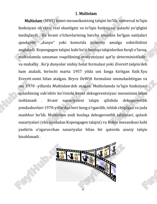 yani yaratish mumkinligini tasvirlab berdi. u qulflangan poʻlat kameradagi mushuk senariysini taklif qildi, unda mushukning hayoti yoki oʻlimi radioaktiv atomning holatiga, uning 8 parchalanishi va radiatsiya chiqarmaganligiga bogʻliq. shredingerning soʻzlariga koʻra, kopengagen talqini mushukning holati kuzatilmaguncha ham tirik, ham oʻlik boʻlib qolishini anglatadi. shredinger oʻlik va tirik mushuklar gʻoyasini jiddiy imkoniyat sifatida targʻib qilishni xohlamadi; aksincha, u misolni kvant mexanikasi haqidagi mavjud qarashning bemaʼniligini koʻrsatishni maqsad qilgan. makroskopik holatlarning kvant superpozitsiyasi mumkin boʻlishi mumkinligi haqidagi gʻoya kvant nazariyasining multiolam talqiniga olib keldi. shrodinger davridan boshlab, kvant mexanikasi matematikasining turli talqinlari fiziklar tomonidan ilgari surilgan, ularning baʼzilari „tirik va oʻlik“ mushuk superpozitsiyasini mutlaqo haqiqiy deb bilishadi, boshqalari esa yoʻq. kopengagen talqinini (1935-yilda hukmron boʻlgan pravoslavlikni) tanqid qilish uchun moʻljallangan shrodinger mushugi tajribasi kvant mexanikasining zamonaviy talqinlari uchun asosiy tosh boʻlib qolmoqda va ularning kuchli va zaif tomonlarini tasvirlash va solishtirish uchun ishlatilishi mumkin. 3.epr paradoksi eynshteyn -podolskiy-rozen ( epr ) paradoksi …