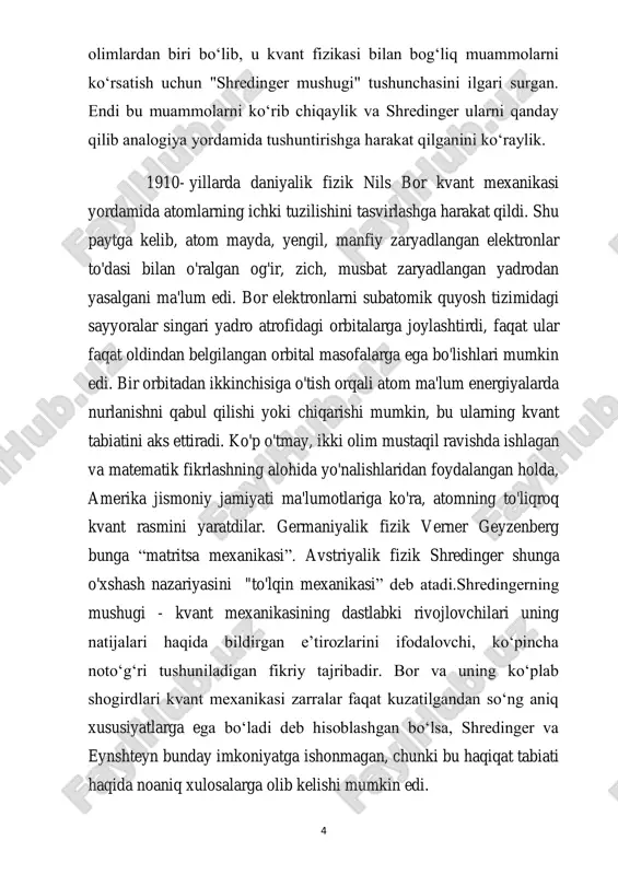 tning o‘zida ikkala holatda emas. bu esa kvant superpozitsiyasi qachon tugashi va haqiqat qachon bitta imkoniyatga yechilishi haqidagi savolni tug‘diradi. dastlab kopengagen talqiniga qarshi tanqid sifatida taklif qilingan bo‘lsa-da, shredingerning g‘oyatda paradoksal fikriy tajribasi kvant mexanikasining asosiy tushunchalaridan biriga aylandi. ushbu holat kvant mexanikasi talqinlari, ayniqsa o‘lchov muammosi bilan bog‘liq nazariy 7 muhokamalarda tez-tez eslatib o‘tiladi. natijada, shredinger mushugi tushunchasi zamonaviy madaniyatda uzoq muddatli ahamiyat kasb etdi. tajriba haqiqiy mushukda o‘tkazish uchun mo‘ljallanmagan, balki atomlarning xatti-harakatlarini tushuntirish uchun oson tushunarli illyustratsiya sifatida taklif qilingan. atom miqyosida o‘tkazilgan tajribalar kichik jismlar superpozitsiya holatida bo‘lishi mumkinligini ko‘rsatgan, ammo mushuk kabi katta ob’yektni superpozitsiya holatida ushlab turish juda katta texnik qiyinchiliklarni keltirib chiqaradi. aslida, shredinger mushugi tajribasi kvant superpozitsiyalari qanchaga cho‘zilishi va qachon (yoki umuman) «kollaps» ro‘y berishini so‘raydi. kvant mexanikasining matematikasini talqin qilish uchun turli nazariyalar taklif qilingan bo‘lib, ular bu jarayonga turlicha tushuntirish beradi. shredinger o‘zining fikriy tajribasini 1935-yilda epr maqolasi …