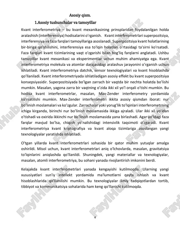 adan chiqariladi va ikkita turli yo’l bo’ylab tarqaladi. bu yo’llarning oxirida fotonlar yana bir-birlariga qo’shiladi. agar fotonlar bir-biri bilan aloqador bo’lsa, ya’ni o’zaro chambarchas holatda bo’lsa, ular qayta birlashish nuqtasida interferensiya hodisasini yuzaga keltiradi. bu hodisa fotonlarning bir-biriga nisbatan fazasiga bog’liq bo’ladi. hom interferometri kvant optikasida bir qator muhim tajribalarda qo’llaniladi. hom interferometri rasmi max-zender interferometri: max-zender interferometri – bu ikkita kollimatsiyalangan nur oqimlari orasidagi nisbiy faza siljishini o’lchash uchun ishlatiladigan optic qurilma. u fiziklar lyudvig max va lyudvig zender sharafiga nomlangan bo’lib, ular mustaqil ravishda xx- asrning boshlarida dizaynini kashf qilishgan. max-zender interferometri nur boluvchi, ikkita oyna va ikkita nur birlashtiruvchidan iborat. nur bo’luvchi: kiruvchi nur oqimi yarim shaffof oyna yoki nur bo’luvchi vosita yordamida ikkita nirga bo’linadi. ikki bo’lingan nur alohida yo’llar bo’ylab 7 harakatlanadi. har bir yo’lda odatda nurni nur bo’luvchiga qaytaradigan oyna mavjud. faza modulyatsiyasi (ixtiyoriy): ba’zi hollarda, yo’llardan birida boshqariladigan faza siljishini kiritib, sozlanishi mumkin …