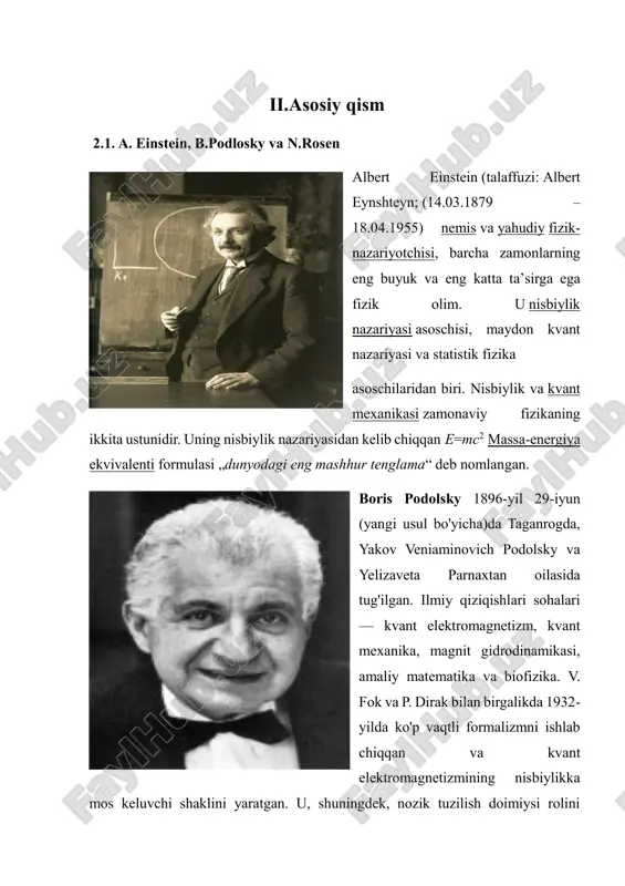 yaratdilar (eynshteyn va boshq. (1935)). bu dalil, bashorat qilinganidek, bir-biri bilan mukammal o'zaro bog'liq pozitsiya va momentga ega bo'lgan ikkita fazoviy ajratilgan zarralarga taalluqlidir. kvant mexanikasi tomonidan mexanika, bu ko'pchilik fiziklar tomonidan qabul qilingan falsafalarning to'g'ridan-to'g'ri e'tiroziga olib keldi, bundan tashqari, epr paradoksi hozirda kvant texnologiyasining asosi hisoblangan chalkashlik kontseptsiyasiga keskin e'tibor qaratdi. uning katta ahamiyatiga qaramay, dastlabki epr gedankenexperimentini bevosita amalga oshirish uchun nisbatan kam ish qilingan. ko'pgina nashr etilgan munozaralar bell (1964) tomonidan teoremalarni sinovdan o'tkazishga qaratilgan bo'lib, uning ishi eprdan olingan, ammo boshqa o'lchovlar to'plami bilan shug'ullanadigan yanada qattiqroq testlarni taklif qilgan. ushbu kollokviumning maqsadi - boshqa nuqtai nazarni berish. biz eprning asl maqolasiga qaytamiz va epr paradoksining hozirgi nazariy va eksperimental holati va oqibatlarini tahlil qilamiz: mustaqil ish organi sifatida. paradoks bu: "aslida haqiqat bo'lishi mumkin bo'lgan bema'ni yoki o'ziga qarama-qarshi bo'lgan bayonot yoki taklif". epr xulosasi mahalliy realizm faraziga asoslangan edi va shuning uchun epr …