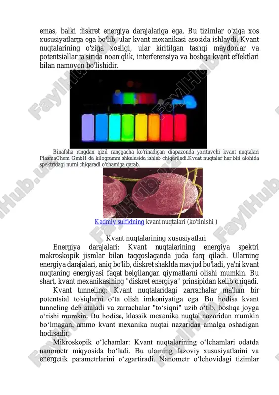 agar elektron yo‘nalishlaridan biri bo‘yicha (masalan, d qalinlikli yupqa folgada) chegaralanish bo‘lsa hamda d < λ shart bajarilganda, energiya bo‘yicha kvantlanish hosil bo‘ladi. natijada elektron faqatgina maʼlum bir qaiymatlardagi energiyalarni qabul qila oladi: yaʼni, ushbu yo‘nalish bo‘yicha elektron impulsining ruxsat etilgan qiymatlari (kristallda uni kvaziimpuls deb ataladi) quyidagiga teng bo‘ladi: elektronning kristalldagi massasi m, yaʼni effektiv massasi, erkin elektronning massasi m0 dan farq qiladi. u shunchaki kvazi impuls va energiya o‘rtasidagi bog‘liqlikni xarakterlaydi hamda uning qiymati yarimo‘tkazgichlarda erkin elektronning massasidan bir necha marta kichik bo‘ladi. elektronning yassi sirtda harakatlanishi uchun yirik kristalldagi kabi zonaviy struktura saqlanib qoladi. elektronning minimal energiyasi (n=1da) energiya bo‘yicha kvantlanishda nolga teng bo‘lmaydi va struktura o‘lchami d kamayib borgani sari 1/d2 qonuni asosida ortib boradi. pauli tamoyili elektronlarning nima sababdan atomda eng qiyi energetik pog‘onani emas, balki, bir necha orbitani egallashini tushuntirib beradi. elektronlar atomlarda yadroga eng yaqin orbitani egallamasdan, balki, aksincha, yadro atrofida muayyan aniq …