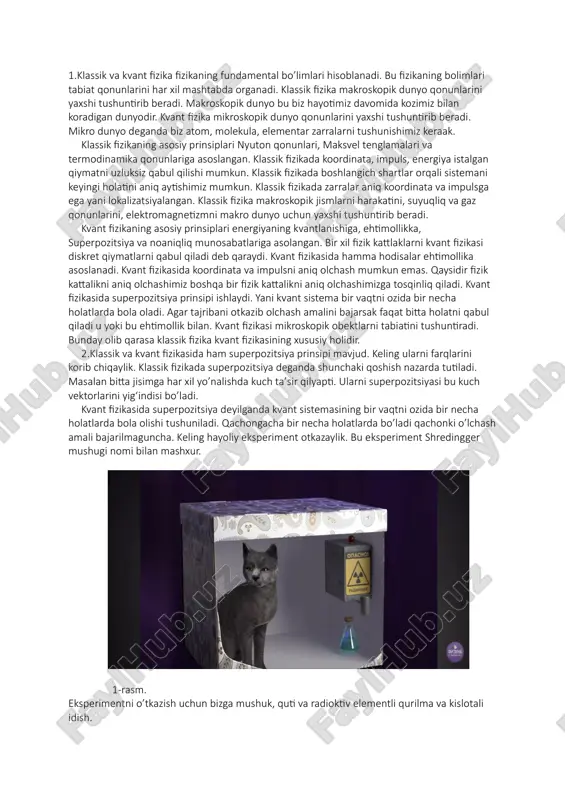 gan elektronni yoki bir orbitada joylashgan elektronni ko’raylik. albatta bu elektronlarni tolqin funksiyasi bitta funksiya bilan aniqlangan. shuni uchun rasmda ko’rsatilgan superpozitsiya holatida. yani bitta elektronni spini yuqoriga qarasa, ikkinchisi esa avtomatik ravishda pastga qaraydi yoki aksi. bu elektronlarni holati bir biriga bogʻlik bolgani uchun adashgan elektronlar desak bo’ladi (6-rasm). 6-rasm. biz superpozitsiya jarayonini korib chiqdiq. 3. dekogerensiya bu sistemaning atrof-muhit bilan ta’sirlashuvi oqibatida o‘z kvant xossalaridan mosuvo bo‘lishidir. dekogerensiya tushunchasi 1970-yillardan boshlab fiziklar tomonidan rivojlantirila boshlandi. avvaliga, kvant mexanikasining aniq prognozlari, makroskopik dunyoda klassik tasavvurlar bilan mos kelmasdi. bu kvant tizimlarining atrof- muhit bilan ta’siri natijasida klassik holatlarga o‘tishini tushuntirish uchun dekogerensiya kontseptsiyasi kiritildi. ko’plab olimlar, masalan, erich joos va heinz zeh, bu jarayonning nazariy asoslarini yaratishga hissa qo’shishgan. mikroskopik olam ustidan kvant fizikasi qoidalari nazorat o‘rnatgan. lekin, biz ko‘nikkan oddiy turmushda mumtoz fizika qonunlari amal qiladi. kvant fizikasi aynan qaysi nuqtada mumtoz fizikaga o‘rin bo‘shatadi? ularning orasidagi o‘sha …