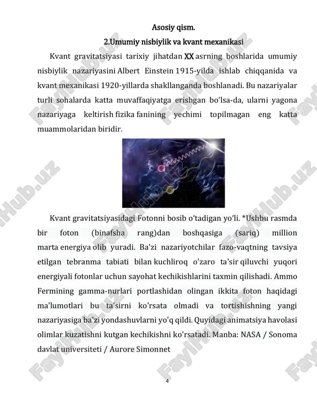  torlar nazariyasi: bu nazariyada kvant gravitatsiyasini tushuntirish uchun eng kichik zarrachalar o‘rniga mayda tebranayotgan torlar mavjudligi aytiladi. ushbu torlar orqali koinotning barcha kuchlari, jumladan, gravitatsiya ham birlashtiriladi.  kvazigrafiga asoslangan(halqali) kvant gravitatsiya: bu nazariyaga ko‘ra, fazo-vaqt o‘zi kvantlangan to‘qimalardan iborat va undan maydonlar chiqadi. u plank masshtabida fazo-vaqtni diskret tuzilishda tasvirlaydi. https://uz.wikipedia.org/wiki/to%ca%bbqima 8 2.3.gravitatsiyaning qayta normallanmasligi gravitatsiyaning qayta normallanmasligi — bu kvant gravitatsiyasi nazariyasida muhim tushuncha bo‘lib, gravitatsiyani kvant mexanikasi nuqtai nazaridan tushuntirishga urinishda yuzaga keladigan matematik va fizik muammolarni ifodalaydi. normallash (renormalizatsiya) — kvant maydonlar nazariyasida zarrachalar o‘zaro ta’sirining cheksiz qiymatlarini to‘g‘ri qiymatlarga keltirish jarayoni. bu jarayon orqali zarrachalar o‘rtasidagi kuchlarning cheksizliklari bartaraf etiladi va ular bilan bog‘liq fizik ko‘rsatkichlar aniqlanadi. gravitatsiyani kvant maydon nazariyasi yordamida tushuntirish uchun umumiy nisbiylik nazariyasidagi gravitatsion maydonlarni kvant mexanikasi nuqtai nazaridan hisoblash kerak. biroq, bu jarayonda paydo bo‘ladigan cheksizliklarni normallash orqali bartaraf etib bo‘lmaydi. shuning uchun gravitatsiya kuchi qayta normallanuvchi kuch sifatida …