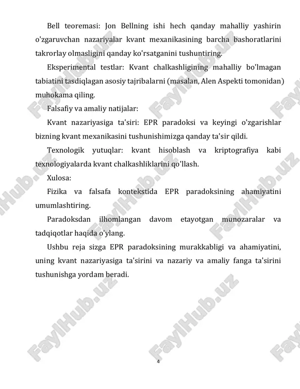jadir. u voqelikning tabiati, joylashuvi va kvant mexanikasining toʻliqligi haqidagi fundamental savollarga javob beradi. bell teoremasining asosiy tushunchalari: mahalliy yashirin o'zgaruvchilar: bell teoremasi eynshteyn, podolskiy va rozen (epr) tomonidan taklif qilingan kvant mexanikasi toʻliq boʻlmasligi va jismoniy voqelikni toʻliqroq tavsiflash uchun “yashirin oʻzgaruvchilar” mavjud boʻlishi mumkinligi haqidagi gʻoyani sinovdan oʻtkazadi. ushbu o'zgaruvchilar kvant o'lchovlari natijalarini deterministik tarzda aniqlaydi. yashash joyi: lokallik printsipi shuni ko'rsatadiki, ob'ektga faqat uning yaqin atrofi bevosita ta'sir qiladi, ya'ni nisbiylik nazariyasi taklif qilganidek, hech qanday ma'lumot yoki effekt yorug'lik tezligidan tezroq harakat qila olmaydi. bell tengsizliklari: bell har qanday mahalliy yashirin o'zgaruvchilar nazariyasi qondirishi kerak bo'lgan bell tengsizliklari deb nomlanuvchi matematik tengsizliklar to'plamini oldi. ushbu tengsizliklar kvant mexanikasining bashoratlarini mahalliy yashirin o'zgaruvchilar bilan izohlash mumkinmi yoki yo'qligini tekshirish usulini taqdim etadi. eksperimental testlar: 9 teorema kvant mexanikasi prognozlarini mahalliy yashirin o'zgaruvchilar nazariyasiga qarshi sinab ko'rish uchun eksperimentlarni loyihalash uchun asos yaratadi. agar eksperimental natijalar bellning tengsizliklarini …