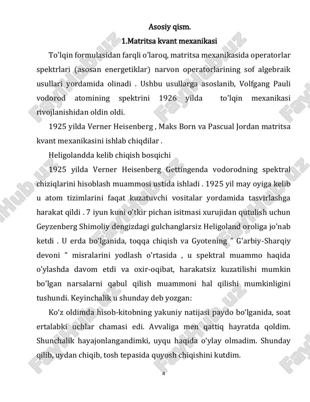 ko'p o'zgaruvchilar uchun integral tenglamalar va kvadratik shakllar nazariyasini ham o'rgangan . linearen integralgleichungen 1912 yilda nashr etilgan . iordaniya ham bu vazifaga puxta tayyorgarlik ko'rgan edi. bir necha yillar davomida u 1924-yilda chop etilgan courant va david hilbertning methods of mathematical physics i kitobini tayyorlash jarayonida richard courantning gottingenda yordamchisi bo'lgan mexanika. 1926 yilda jon fon neyman devid xilbertning yordamchisi bo'ldi va kvant mexanikasi rivojlanishida foydalanilgan algebra va tahlilni tavsiflash uchun hilbert fazosi atamasini kiritdi . 3.matritsalarning asosiy xossalari 8 1925 yilda verner heisenberg, maks born va paskual jordan matritsa mexanikasini joriy qilganlarida, u darhol qabul qilinmadi va dastlab bahsli edi. shredingerning to'lqin mexanikasining keyingi tavsifi ko'proq qo'llab- quvvatlandi. buning bir qismi geyzenbergning formulasi o'sha vaqt uchun g'alati bo'lgan matematik tilda edi, shredingerning formulasi esa tanish to'lqin tenglamalariga asoslangan edi. ammo chuqurroq sotsiologik sabab ham bor edi. kvant mexanikasi ikki yo'l bilan rivojlandi: biri fotonlar uchun taklif qilgan to'lqin-zarralar …