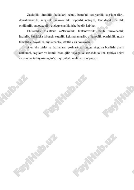 roklilik fazilatlari: zehnli, bama’ni, xotirjamlik, sog‘lom fikrli, donishmandlik, sezgirlik, zakovatlilik, topqirlik, notiqlik, tanqidiylik, dalillik, omilkorlik, savodxonlik, qiziquvchanlik, ishqibozlik kabilar. ehtiroslilik xislatlari: ko‘tarinkilik, tantanavorlik, kulib turuvchanlik, hazinlik, kelajakka ishonch, ezgulik, kek saqlamaslik, olijanoblik, otashinlik, nozik tabiatlilik, hayolilik, hijolatpazlik, iffatlilik va hokazolar. ayni shu xislat va fazilatlarni yoshlarimiz ongiga singdira borilishi ularni barkamol, sog‘lom va komil inson qilib voyaga yetkazishda ta’lim- tarbiya tizimi va ota-ona tarbiyasining to‘g‘ri qo‘yilishi muhim rol o‘ynaydi. https://hozir.org/maruza-rejasi-v3.html