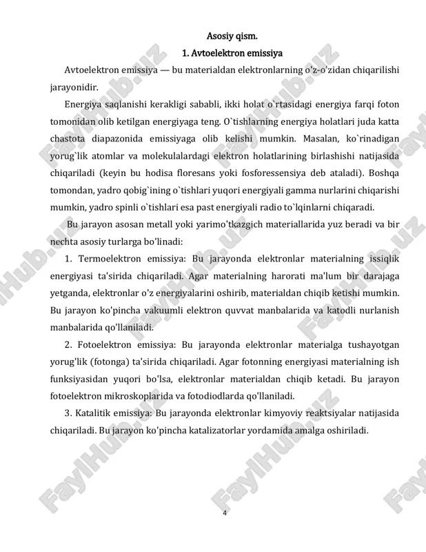 yon elektronlarni chiqarish va ularni tezlashtirish uchun zarur. 2. katta kuchlanishli elektron mikroskopiya: avtoelektron emissiya elektron mikroskoplarida ishlatiladi, bu esa materiallarning yuqori aniqlikdagi tasvirlarini olish imkonini beradi. bu usul materiallarning tuzilishini va xususiyatlarini o'rganish uchun juda muhimdir. 3. katalizatorlar: avtoelektron emissiya jarayoni, kimyoviy reaktsiyalarni tezlashtirishda katalizatorlar sifatida ishlatiladi. elektronlar chiqishi, kimyoviy reaktsiyalarni boshlash va ularni tezlashtirishda muhim rol o'ynaydi. 4. yuqori energiyali fizik tadqiqotlar: avtoelektron emissiya, yuqori energiyali fizik tadqiqotlarda, masalan, zarrachalar fizikasi va plazma tadqiqotlarida qo'llaniladi. bu jarayon zarrachalar va energiya almashinuvi jarayonlarini o'rganish uchun muhimdir. 5. yorug'lik manbalari: avtoelektron emissiya, led va lazerlar kabi yorug'lik manbalarida ham qo'llaniladi. elektronlar chiqishi va ularning energiya darajalarini o'zgartirish orqali yorug'lik chiqarish jarayonini boshqarish mumkin. 8 6. qattiq jismlarni o'rganish: avtoelektron emissiya, qattiq jismlarning yuzasidagi elektron tuzilishini o'rganish uchun ishlatiladi. bu usul materiallarning fizik va kimyoviy xususiyatlarini o'rganish uchun muhimdir. 7. nano texnologiyalar: avtoelektron emissiya, nano o'lchovlarda elektronlarni boshqarish va ularni manipulyatsiya …