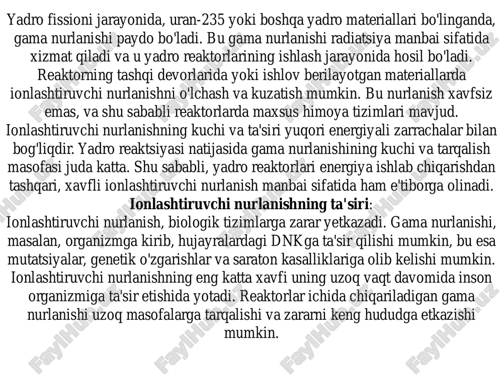 rgiyaga ega bo'lib, atomlar bilan to'qnashib, ularda ionlar (zaryadlangan zarrachalar) hosil qiladi. ionlashtiruvchi nurlanish turlari: alfa nurlanishi: alfa zarrachalari (geliydagi ikki proton va ikki neytron) juda kuchli ionlashtiruvchi nurlanish bo'lib, havoda qisqa masofada tarqaladi. beta nurlanishi: beta zarrachalari elektronlardir, alfa nurlanishidan ko'ra uzoqroq masofalarga tarqalishi mumkin. gama nurlanishi: gama nurlanishi – elektromagnit nurlanish bo'lib, juda kuchli bo'lib, ko'plab materiallardan o'tishi mumkin. u yuqori energiyaga ega va ko'plab sanoat va tibbiyot sohalarida qo'llaniladi. yadro reaktorlarining ionlashtiruvchi nurlanish manbai sifatidagi roli yadro reaktorlarida hosil bo'ladigan nurlanish turlari: yadro reaktorlarida ionlashtiruvchi nurlanishning uchta asosiy turi – alfa, beta, va gama nurlanishlari ishlab chiqariladi. yadro reaktsiyasida uran yoki boshqa materiallar fissionga uchraganda nurlanish chiqadi. bu nurlanishlar reaktorning ichki qismlaridan chiqib, tashqariga tarqalishi mumkin. reaktorlardagi ionlashtiruvchi nurlanishning fizikasi: yadro reaktsiyasi davomida, uran yadrosi bo'linib, katta energiya hosil qiladi. bu jarayon natijasida gama nurlanishi (yoki boshqa nurlanish turlari) chiqadi. neutronlar, beta va gama zarrachalari hosil bo'ladi. …