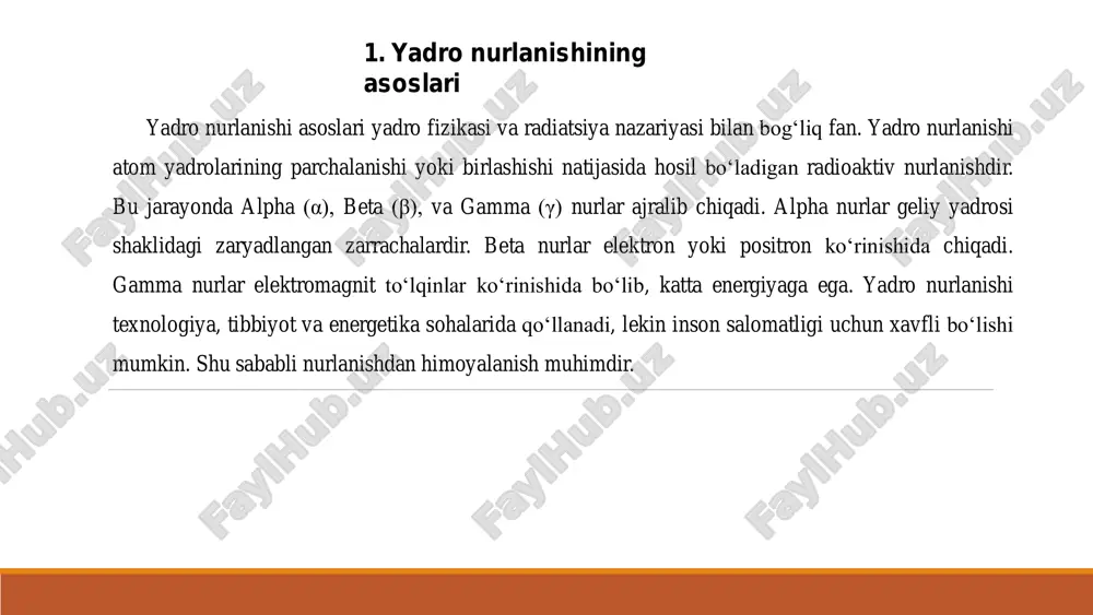 a davrli elektr impulslar hosil bo'ladi. geiger-muller hisoblagichlarining sezgirlik darajasi odatda 1 dan 1000 mikrorentgen/soatgacha bo'lgan diapazonda bo'lishi mumkin. ularni radiatsiya darajasini o'lchash va monitoring qilish, laboratoriyalarda, atom elektr stansiyalarida hamda xavfsizlik maqsadlarida qo'llaniladi. hisoblagichlar to'g'ridan-to'g'ri sonli ko'rsatgichlar yoki tovushli signal orqali natija beradi. ... t.me/slaydai_bot scintillatsion detektorlar radiatsiya zarralarini aniqlash uchun ishlatiladi. ular muayyan materiallar orqali zarralar o'tganida yorituvchi scintillatsiyalar hosil qiladi. scintillator materiallar sifatida odatda natriy yodid (nai) yoki plastmassa, suyuq yoki kristall moddalar ishlatiladi. ushbu detektorlar fotoko‘paytirish trubalari orqali hosil bo‘lgan yorug‘lik impulslarini kuchaytirib, elektr signallariga aylantiradi. scintillatsiya detektorlari rentgen va gamma nurlanishi, neytronlar va boshqa yuqori energiyali zarralarni aniqlashda qo'llaniladi. ular keng ko'lamdagi ilovalarda, jumladan, tibbiyot, fizika va xavfsizlik sohalarida qo'llaniladi. bu detektorlarning sezgirligi va samaradorligi kutubxonalarni tezkor va aniq aniqlash uchun ideal qiladi. e'tiboringiz uchun raxmat!