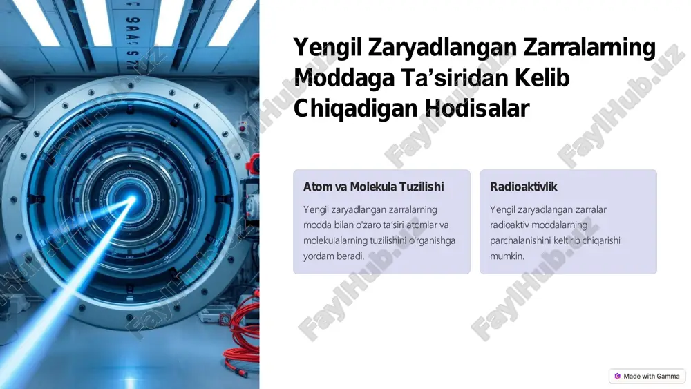 iri rentgen nurlarining modda bilan o‘zaro ta’siri: • fotoeffekt: rentgen nurlari atomdagi elektronlarni chiqarib yuboradi. • kompton sochilishi: rentgen nurlari atom elektronlari bilan elastik to‘qnashadi va energiyasi kamayadi. kt yordamida tashxis qo‘yiladigan kasalliklar kt turli organlar va tizimlarning holatini aniqlash uchun ishlatiladi: 1. bosh miya: • o‘smalar, qon quyilishi, miya shikastlanishlarini aniqlash. 2. o‘pka: • pnevmoniya, o‘pka emboliyasi, saraton kasalligini tashxislash. 3. qorin bo‘shlig‘i: • jigar, buyrak, oshqozon osti bez yengil zaryadlangan zarralarning tadqiqotdagi ahamiyati yengil zaryadlangan zarralarning modda bilan o'zaro ta’siri turli-tuman tadqiqot sohalarida qo'llaniladi. yengil zaryadlangan zarralar yordamida modda tuzilishi va xossalarini o'rganish mumkin. yengil zaryadlangan zarralar yordamida yangi materiallar va texnologiyalar yaratish mumkin. xulosa yengil zaryadlangan zarralarning modda bilan o'zaro ta’siri fizikada muhim tushuncha bo'lib, turli-tuman hodisalarni tushunishda muhim rol o'ynaydi. ularning tadqiqot, tibbiyot va energiya ishlab chiqarishdagi qo'llanilishi muhim ahamiyatga ega. kelajakda yengil zaryadlangan zarralarni yanada chuqurroq o'rganish va ulardan samarali foydalanishga yo'naltirilgan tadqiqotlar davom ettiriladi.